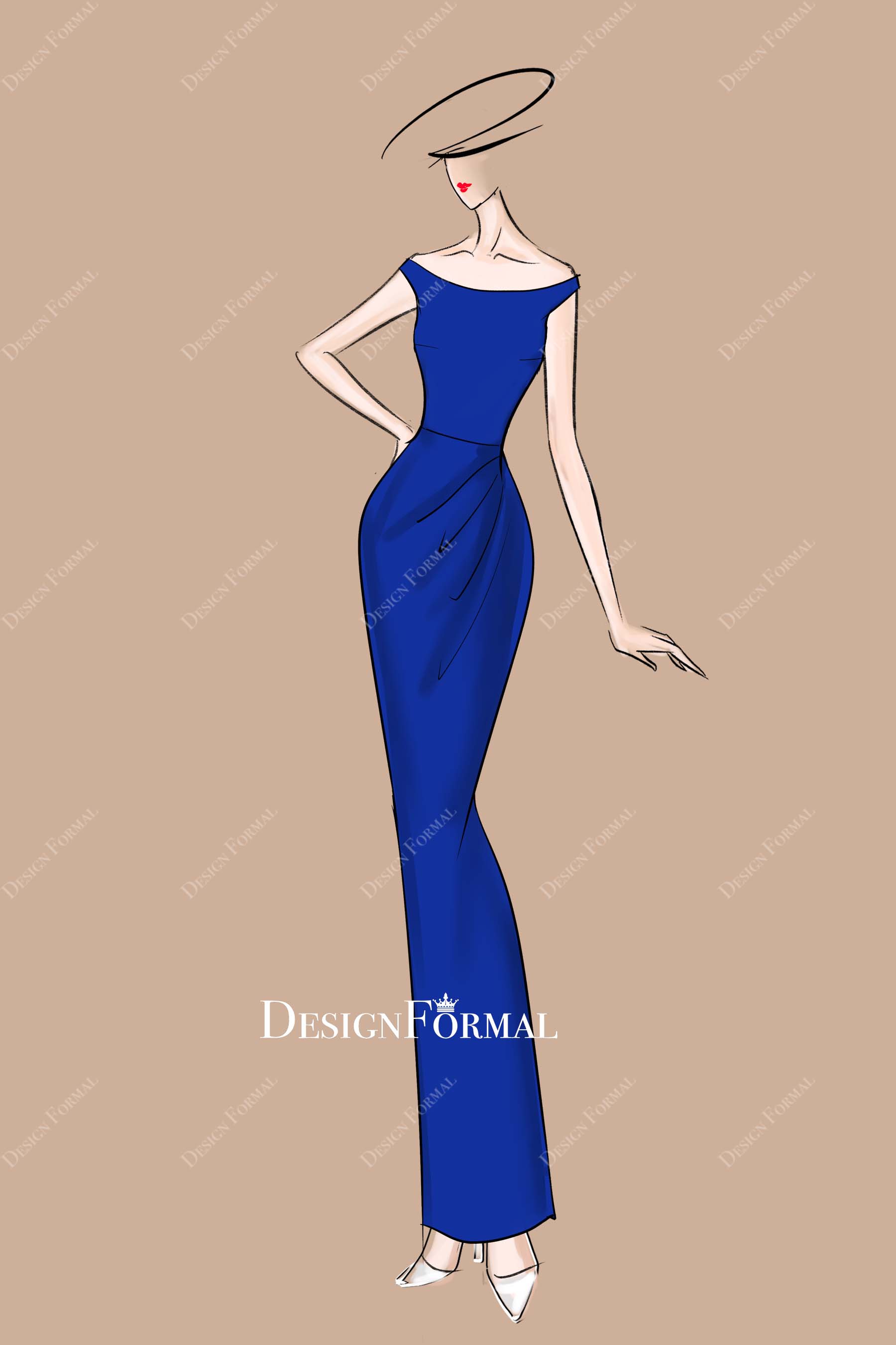 custom royal blue crepe wedding guest dress-sketch
