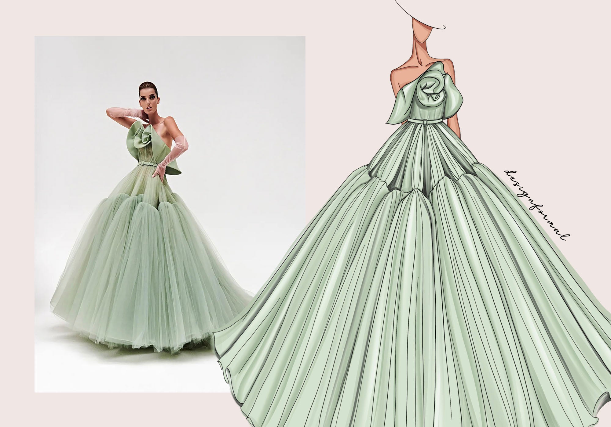 custom sage pleated tulle ballgown wedding dress