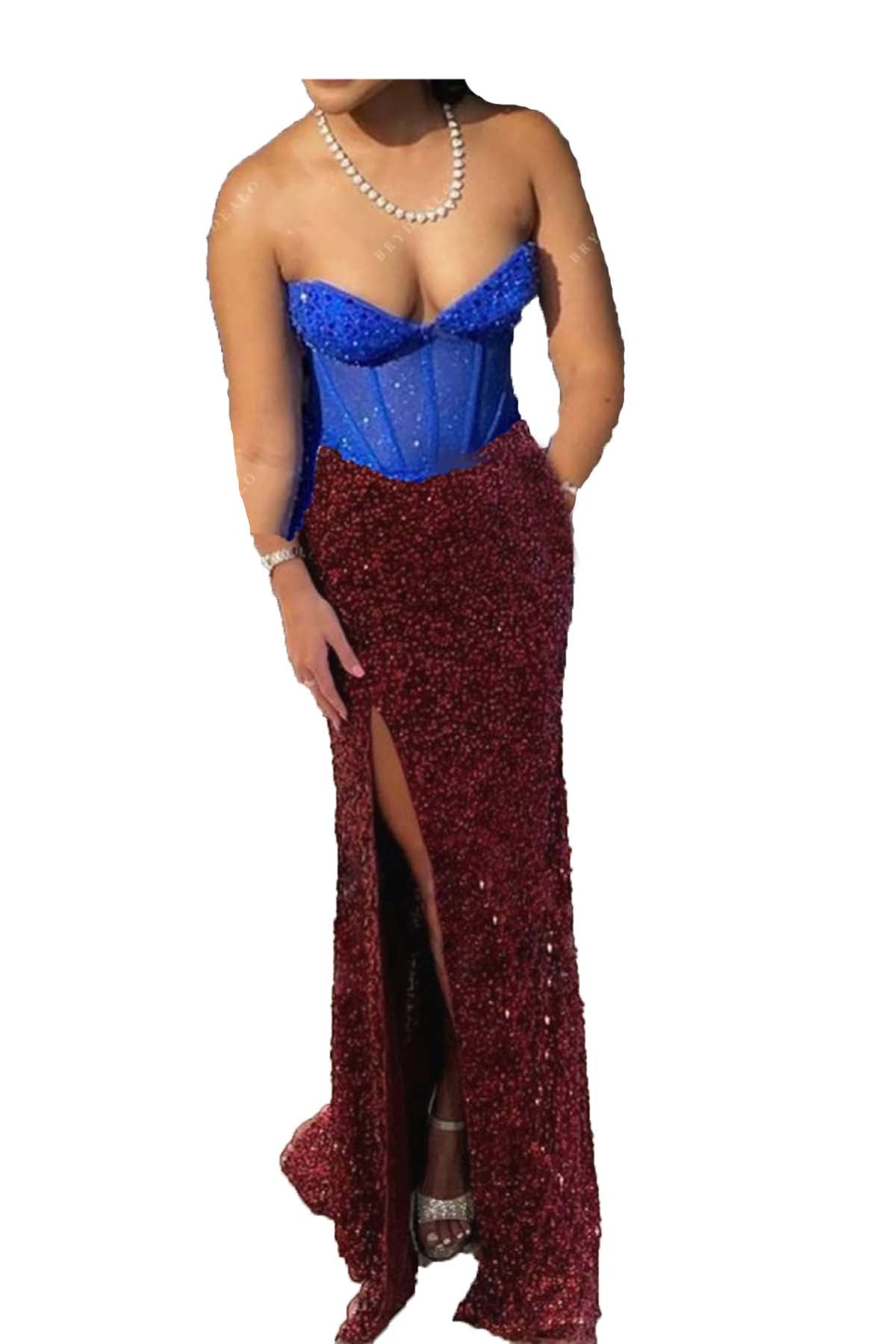 custom sequin strapless blue burgundy dress