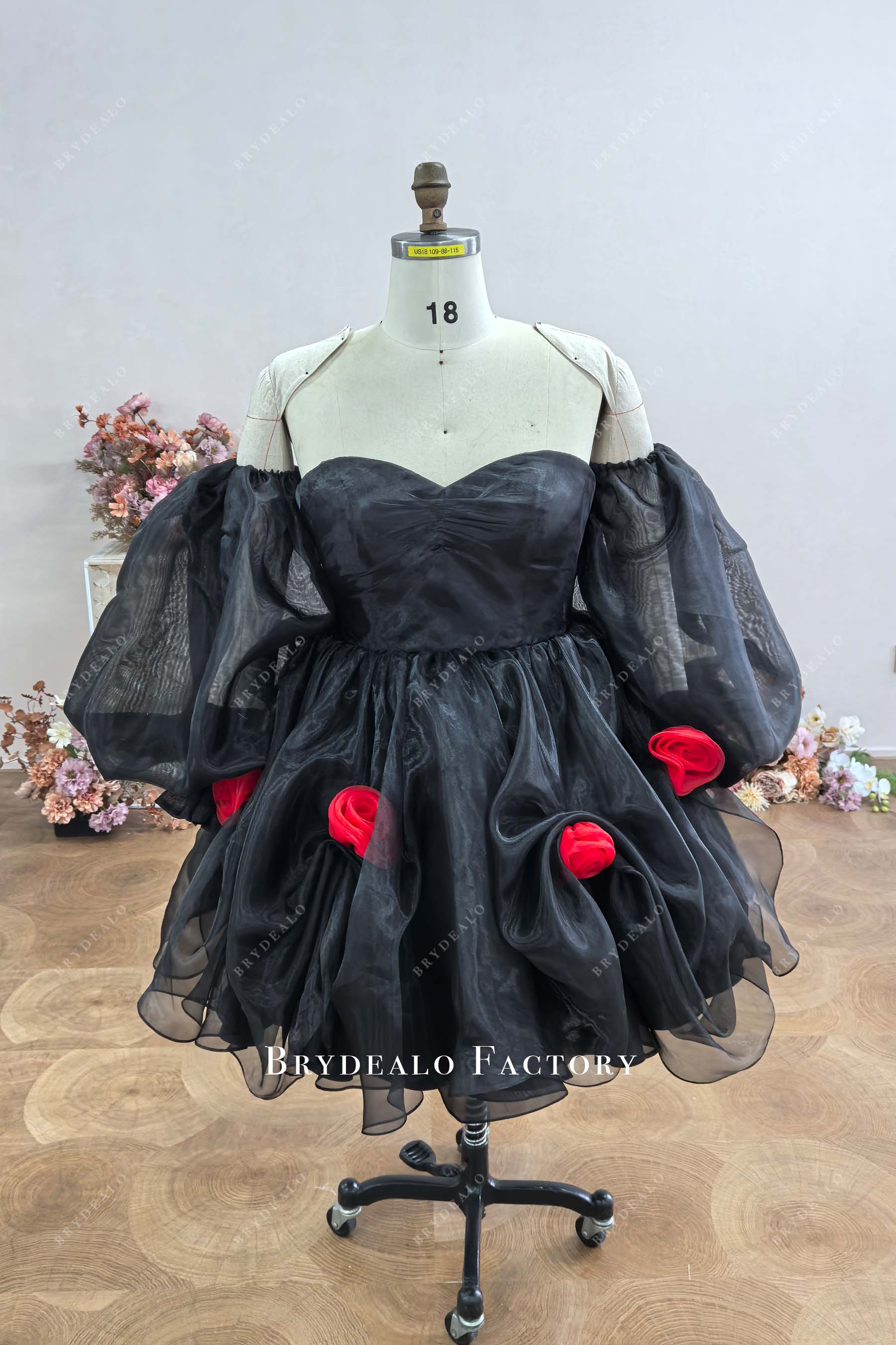 Custom Red Flowers Black Short Organza Ball Gown Dress