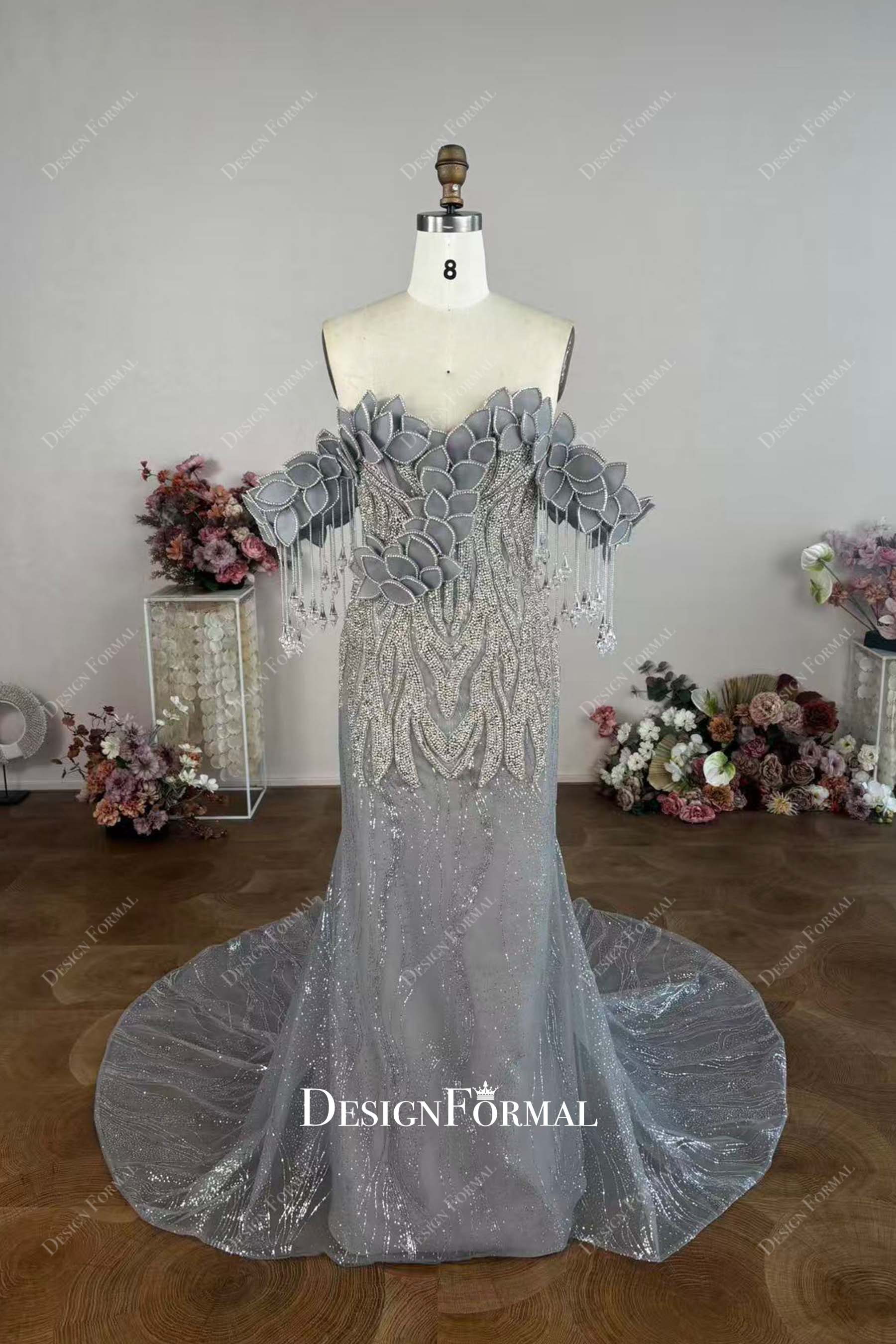 custom silver shimmer mermaid prom dress