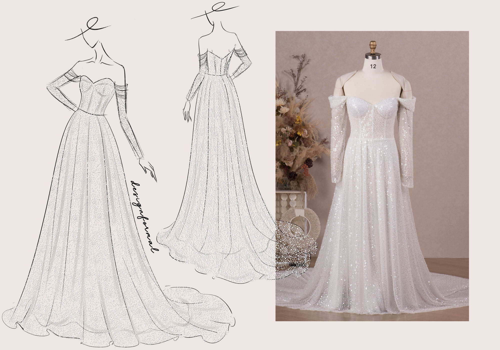 custom sparkly beaded off-shoulder sleeve wedding dress