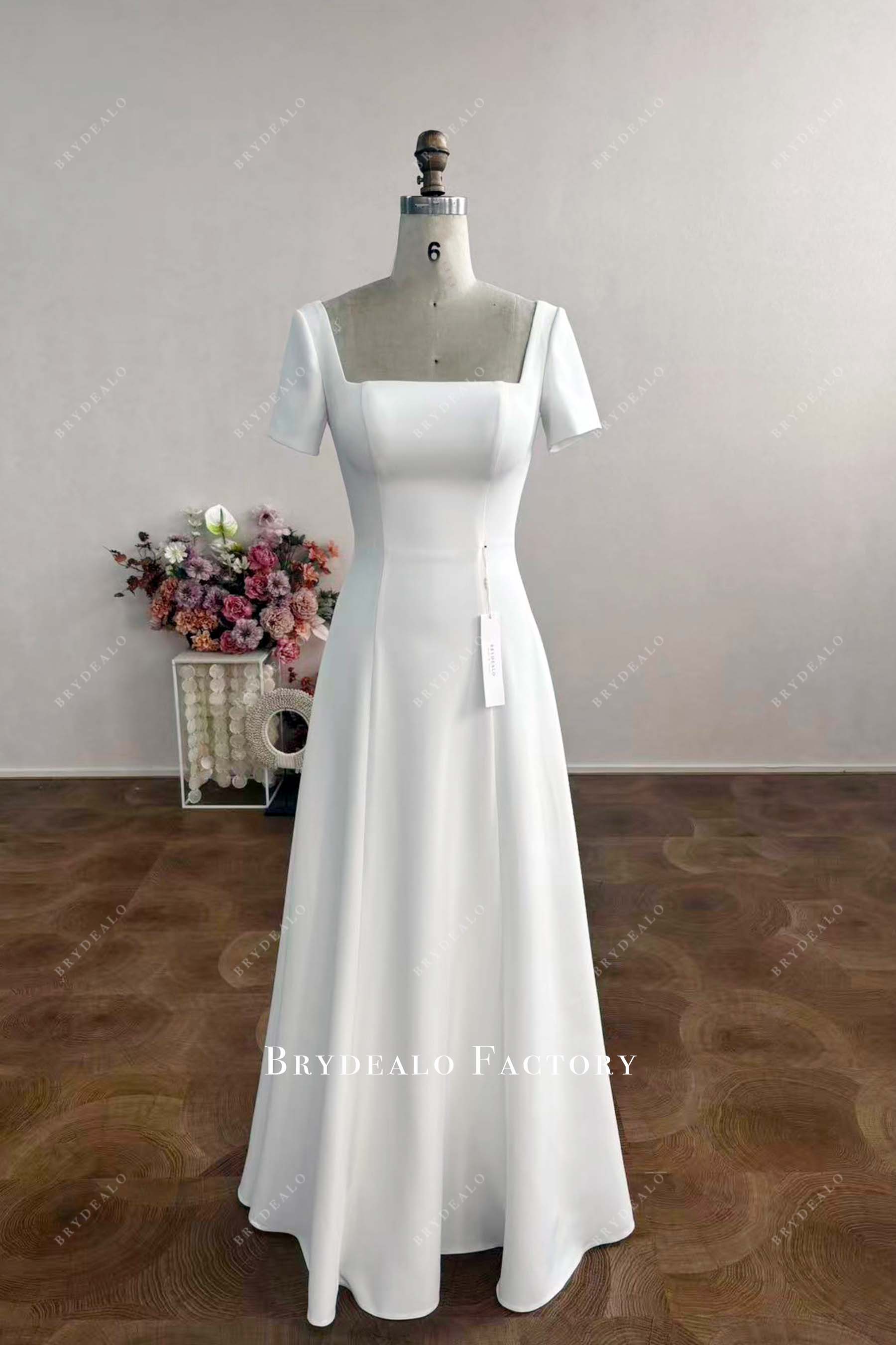 custom square neck crepe wedding dress