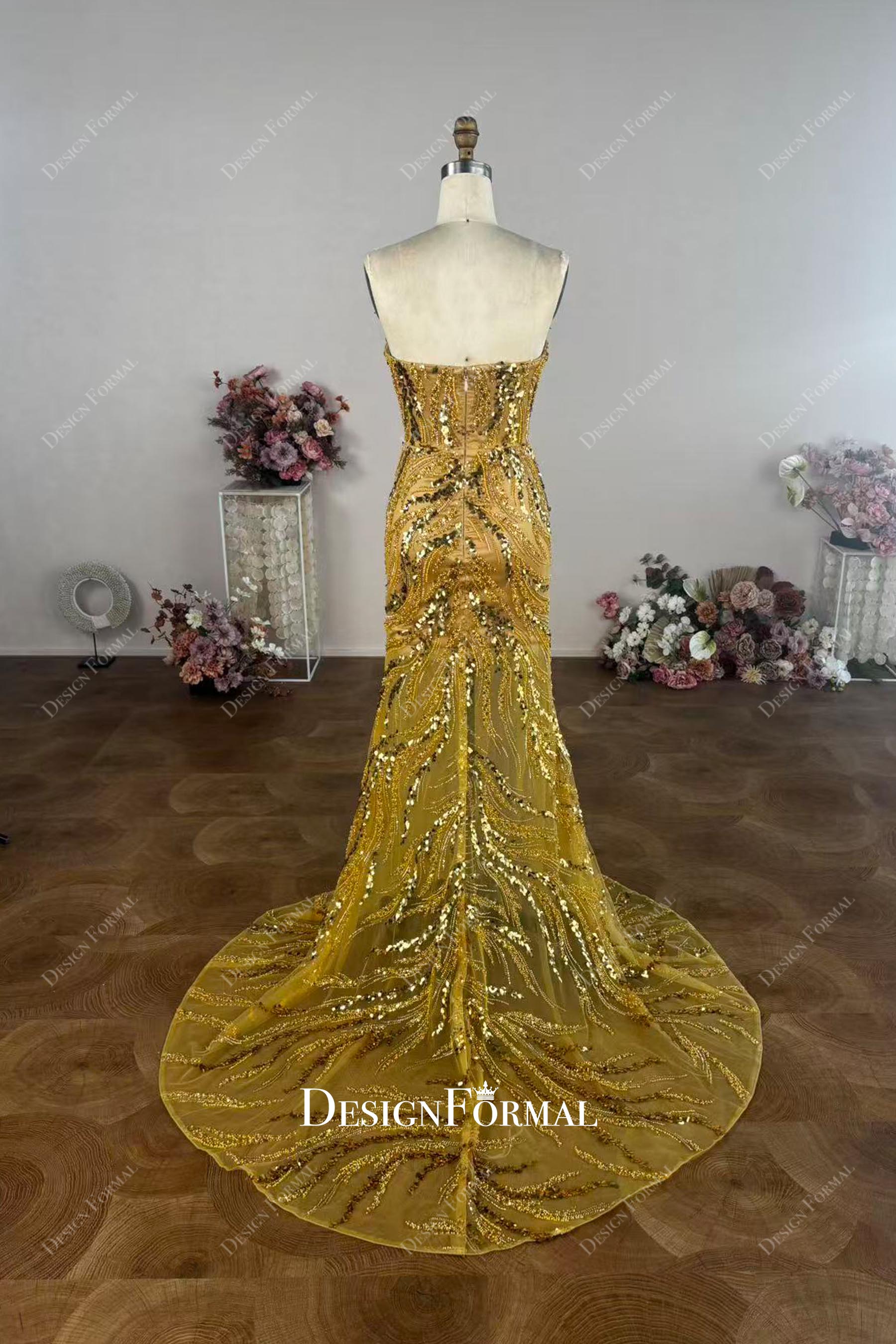 custom strapless shimmer court train prom dress