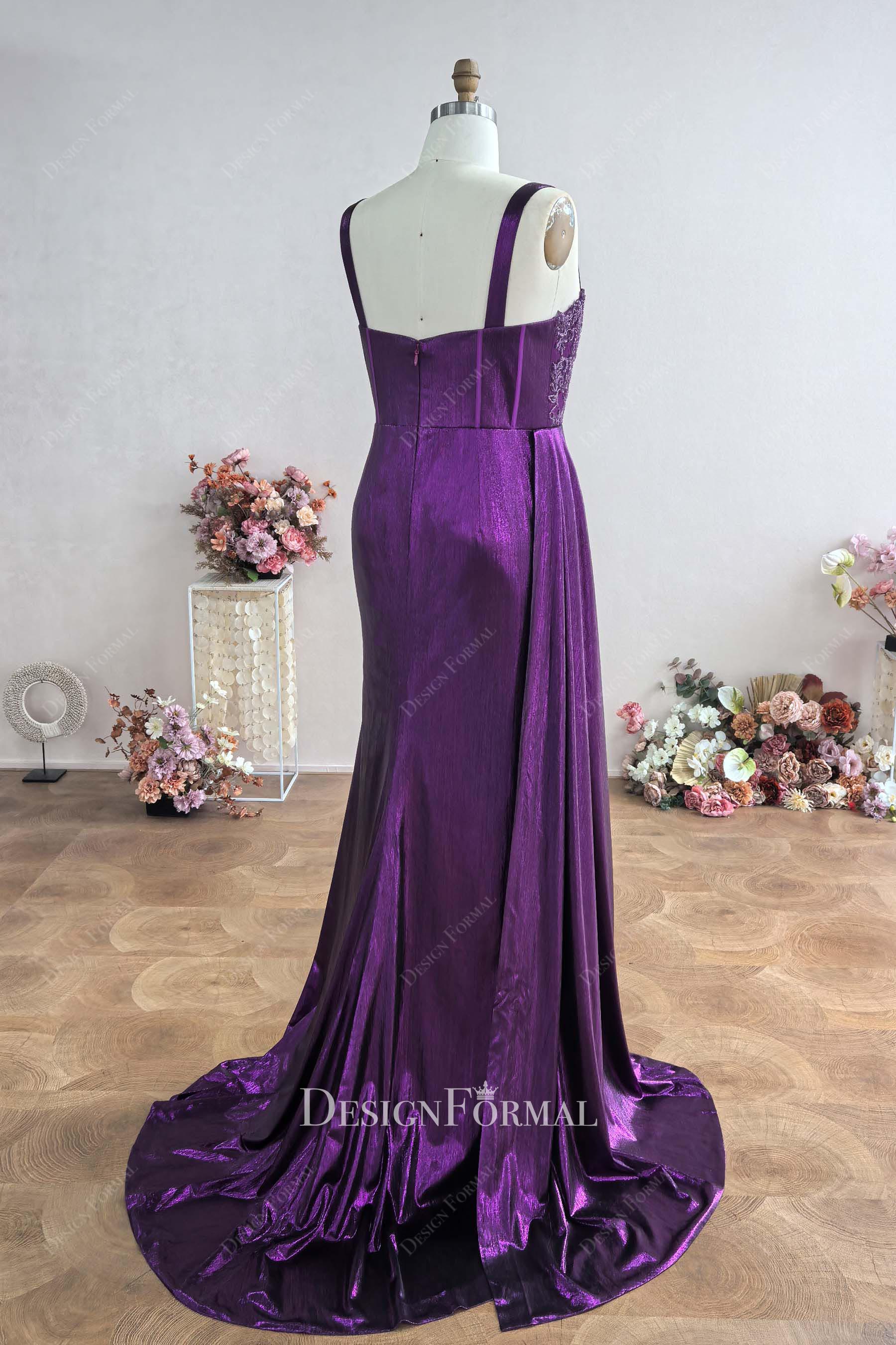 Custom Shimmery Purple Straps Slit Side Panel Prom Dress