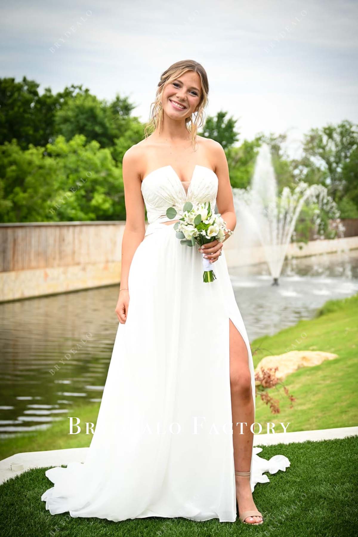 open lace back dress Custom Strapless Cutout White Pleated Chiffon A-line Slit Prom Dress