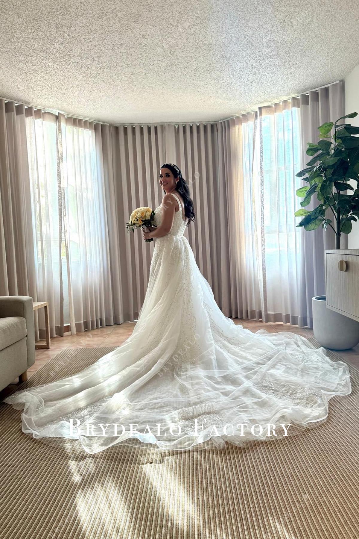 Custom Sleeveless Sparkly Long Train Overskirt Wedding Dress Custom Sleeveless Sparkly Long Train Overskirt Wedding Dress