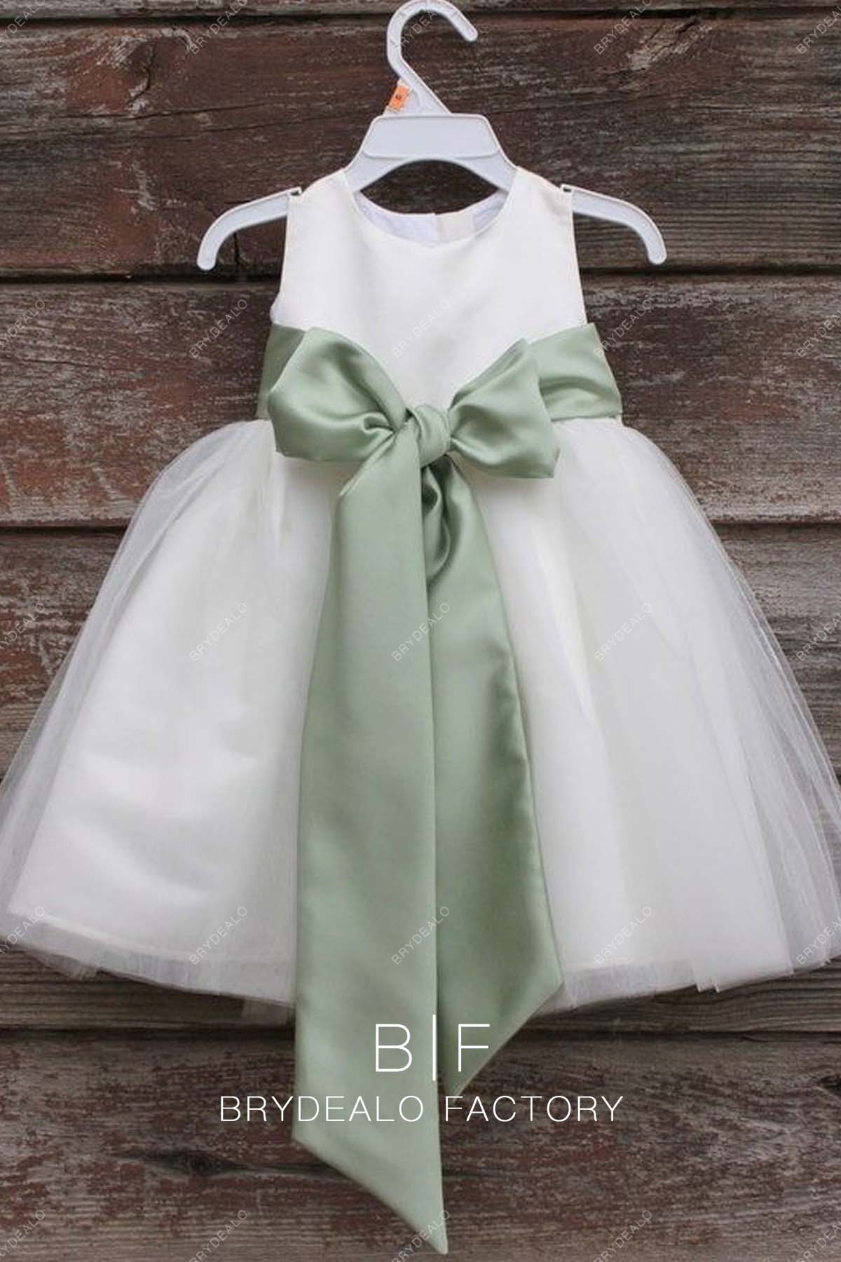 Pretty Sage Big Bowknot White Satin Tulle Long Flower Girl Dress Pretty Sage Big Bowknot White Satin Tulle Long Flower Girl Dress