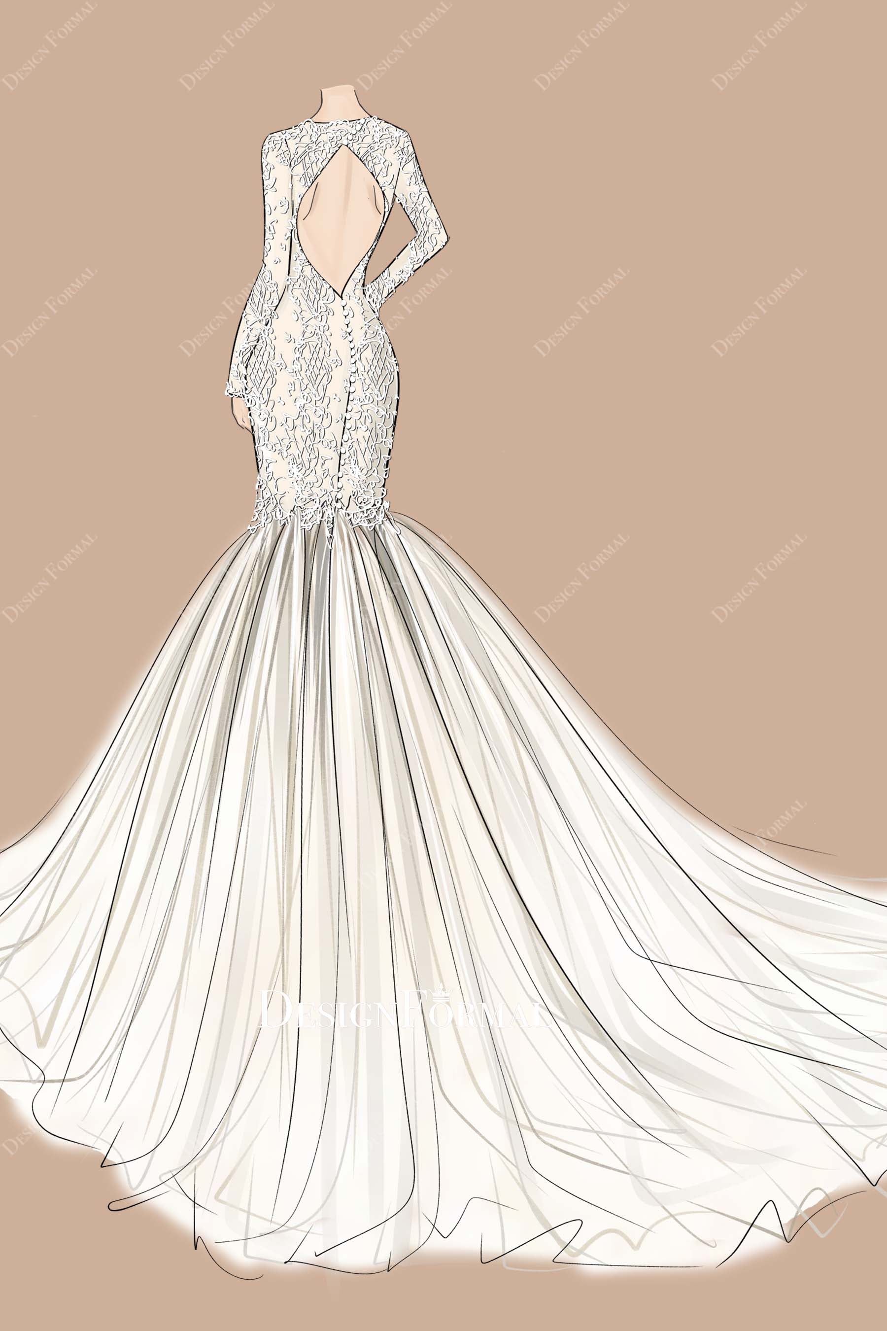 cutout back chapel train wedding dress sketch