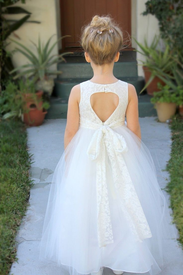 Designer Keyhole Back Pretty Lace Tulle Ball Gown Flower Girl Dress