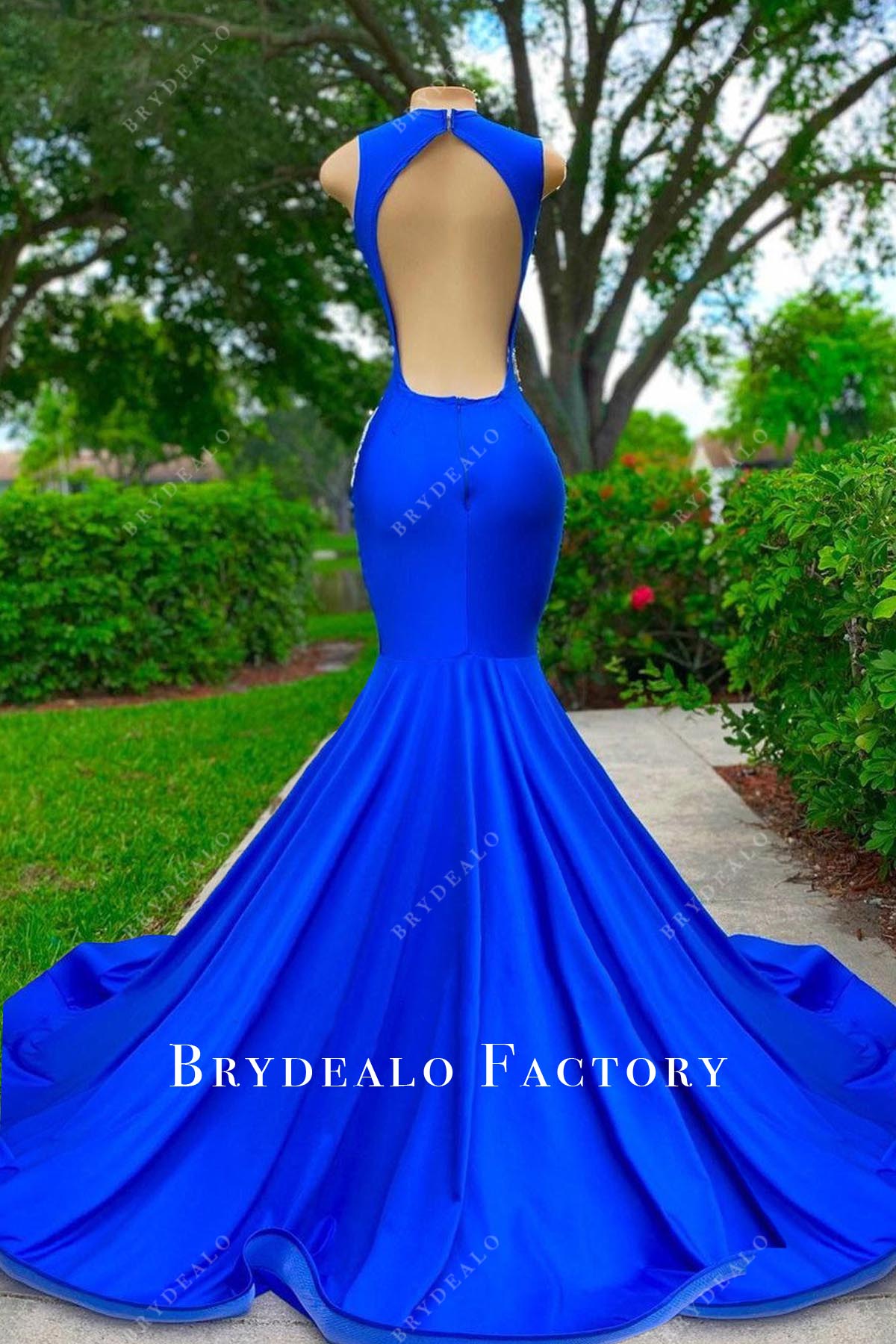 cutout back mermaid long train prom gown