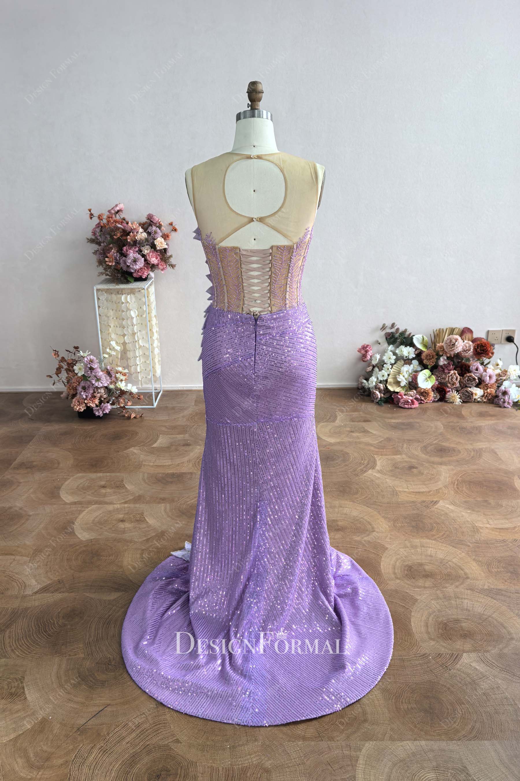 cutout corset back court train sequin prom dress