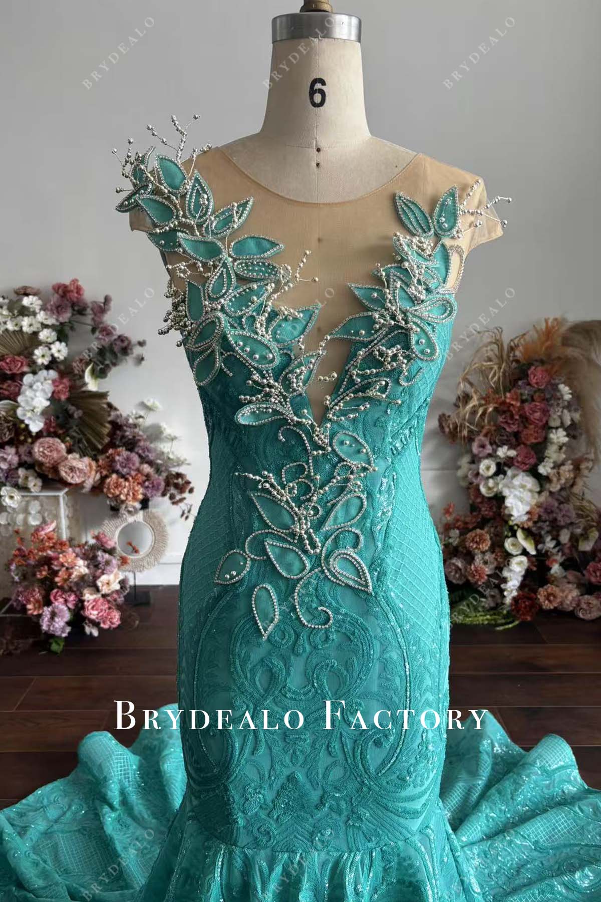 Cyan 3D flowers sequin illusion neck Prom Dress