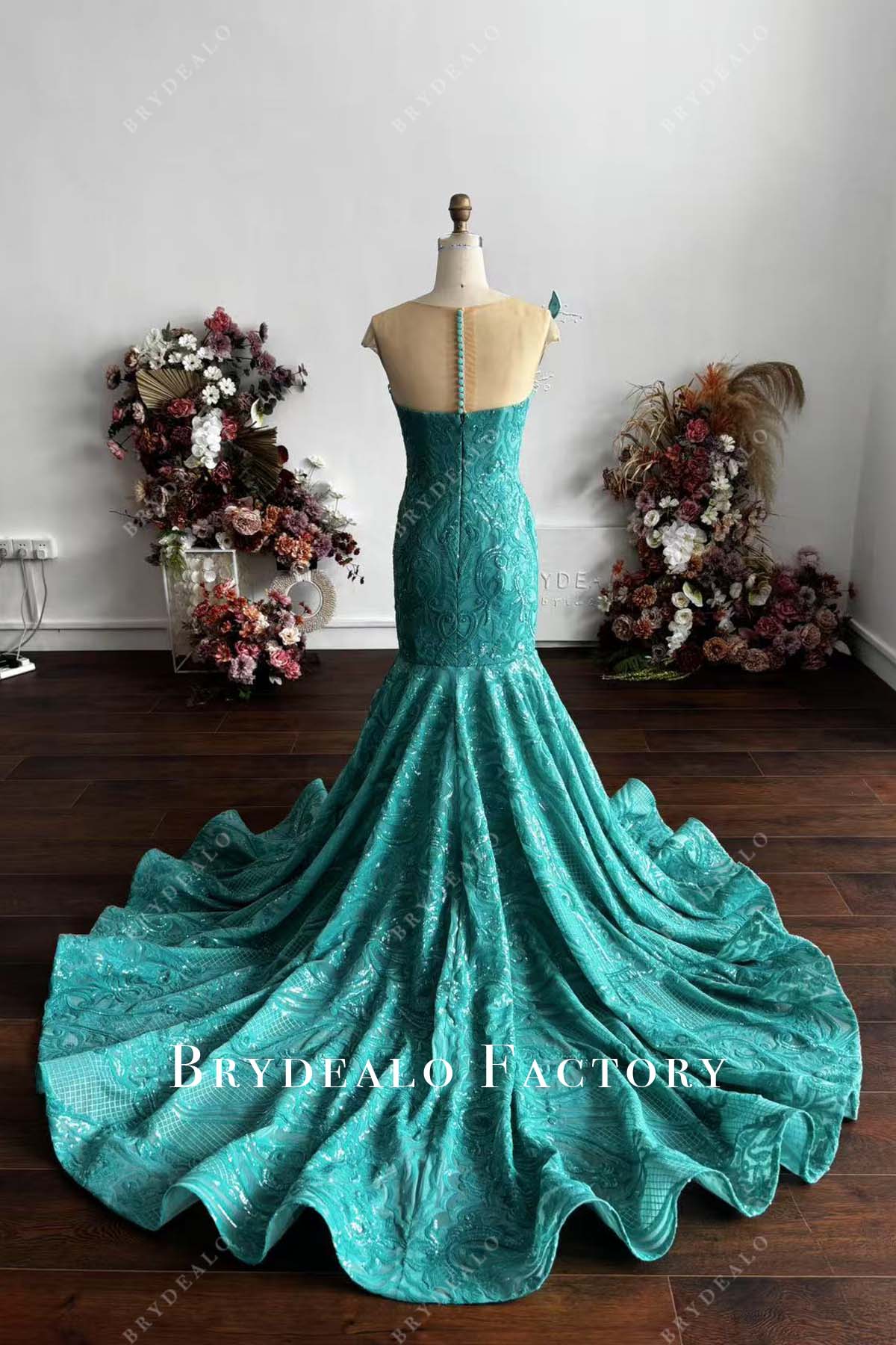 Cyan sequin horsehair chapel train mermaid Prom Dress
