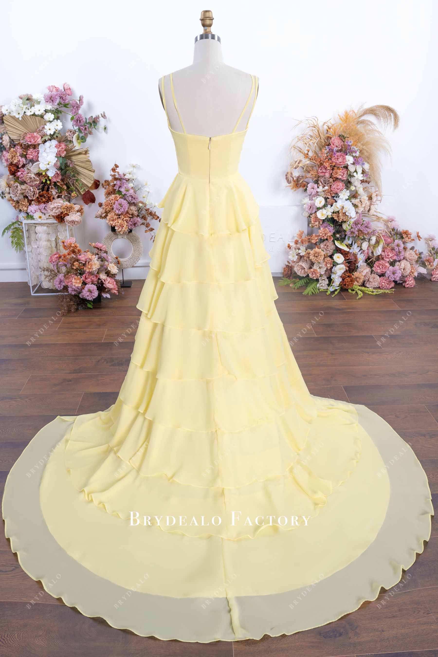 daffodil layered a line long train prom dress