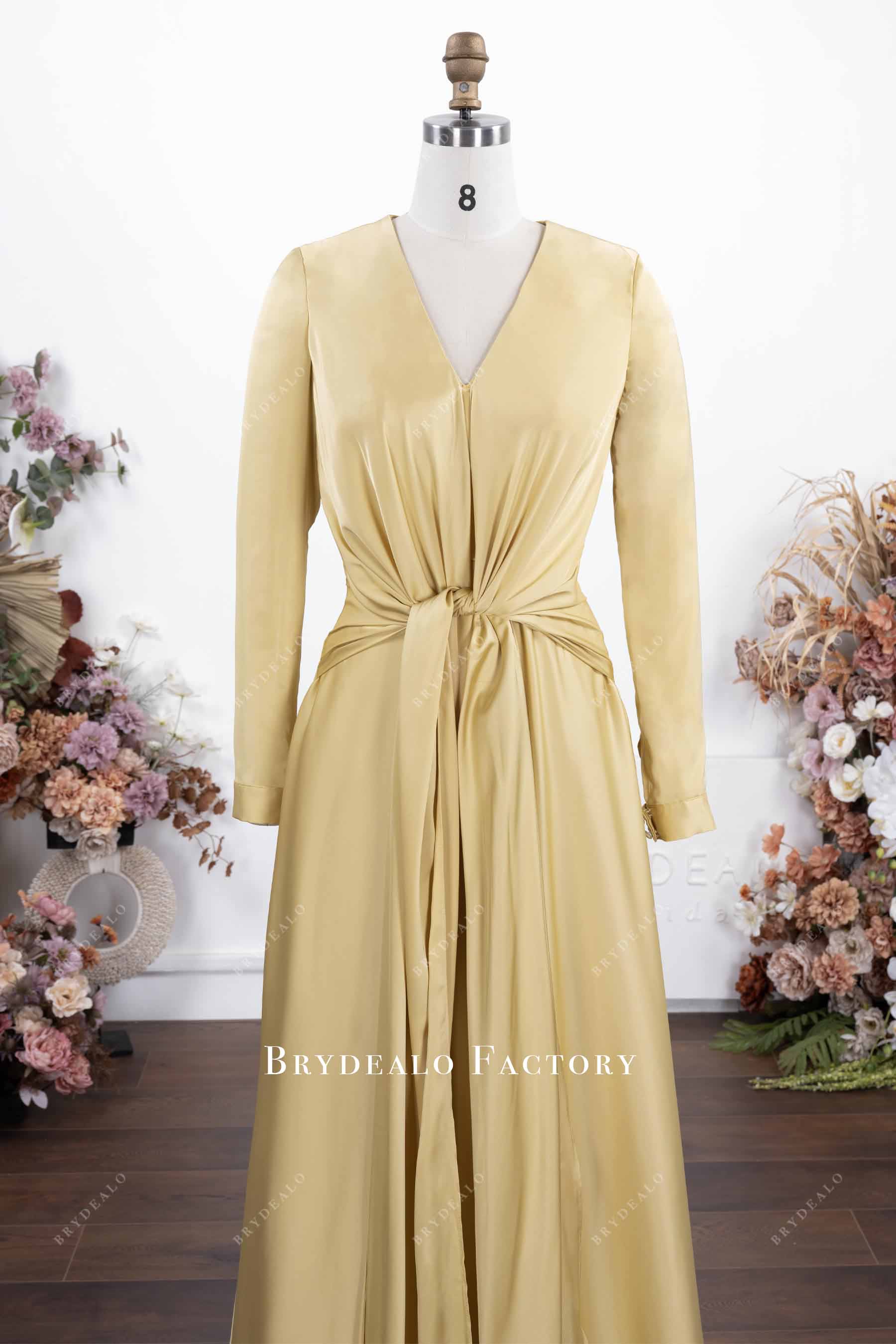 daffodil satin deep v neck evening dress