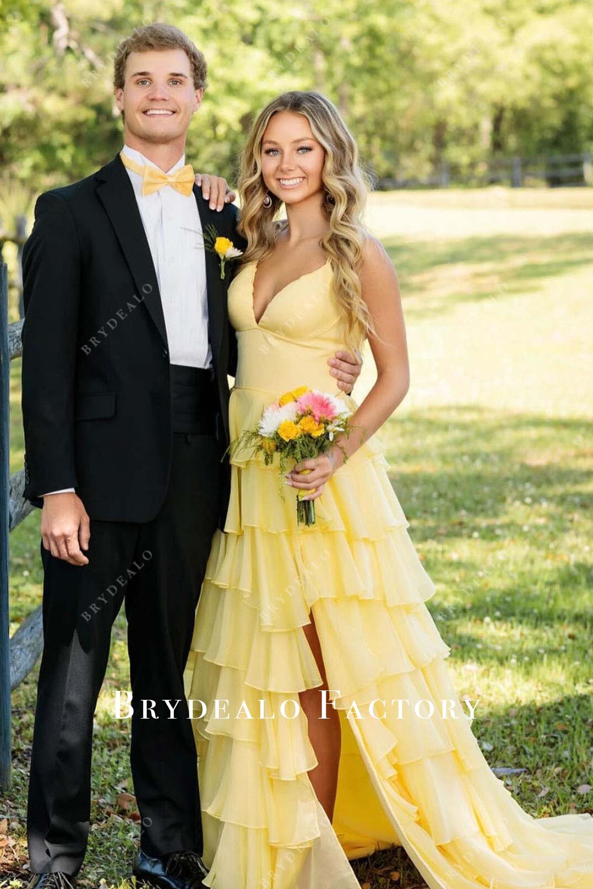 Daffodil Deep V-Neck Layered Slit Homecoming Dress Daffodil Deep V-Neck Layered Slit Homecoming Dress