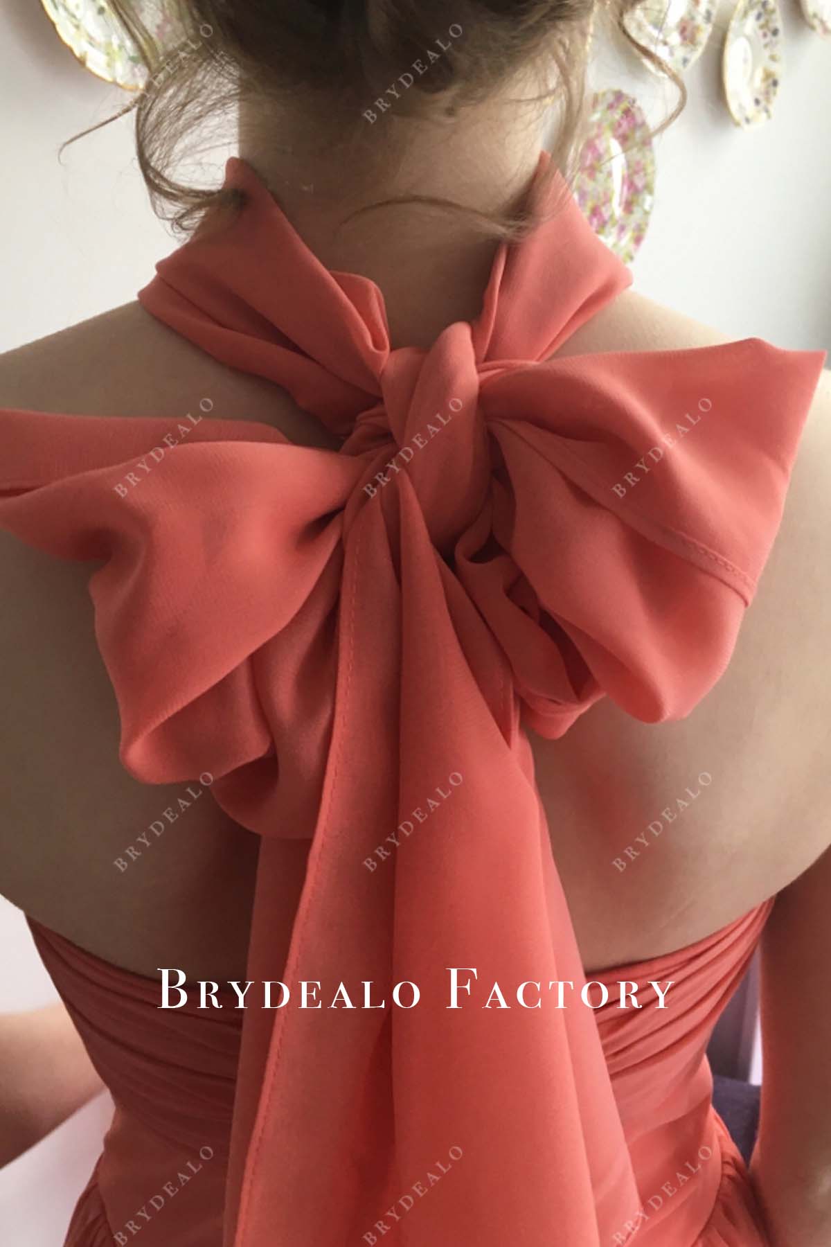 dark coral back tie halter formal dress