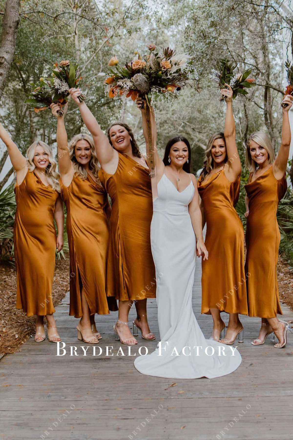 Dark Gold Cowl Neck Slit Tea Length Bridesmaid Dress
