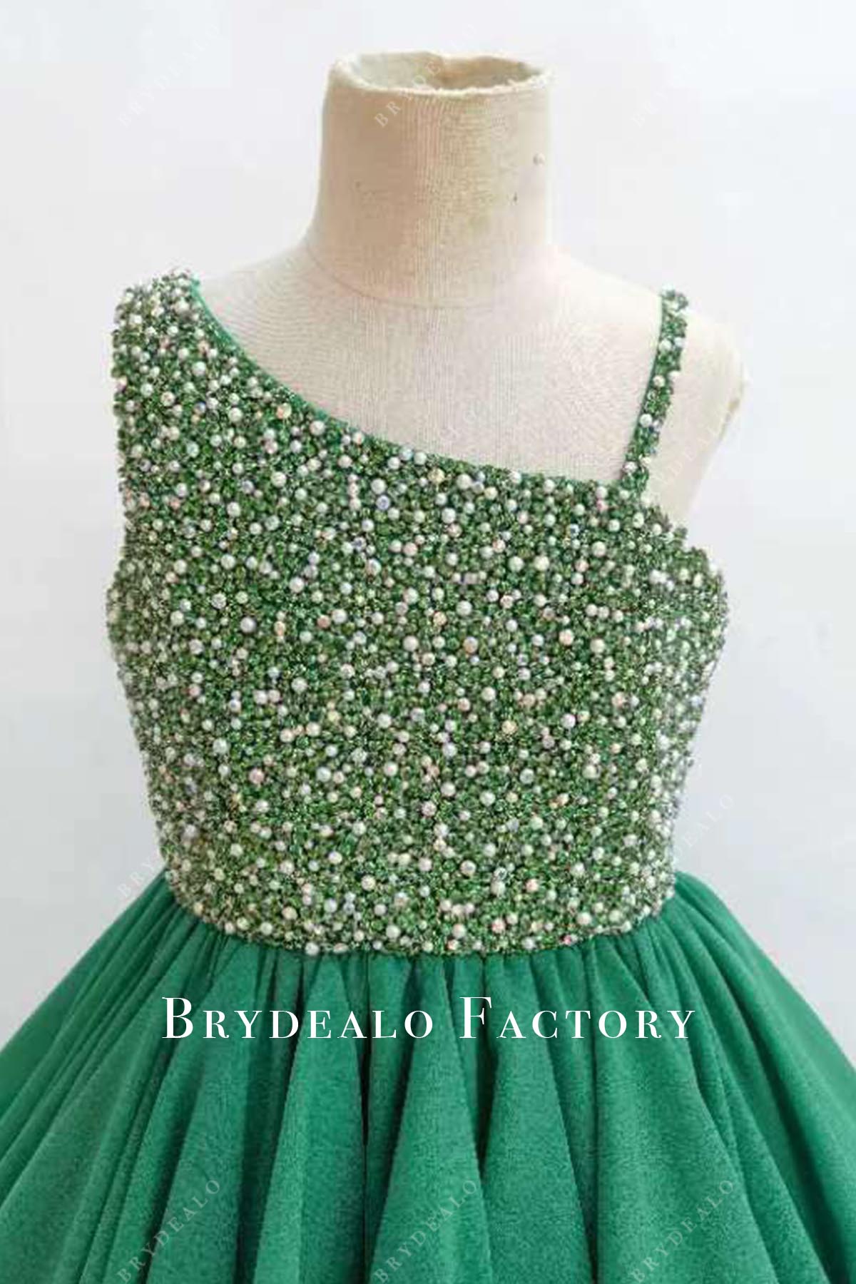 dark green asymmetrical neckline pageant dress