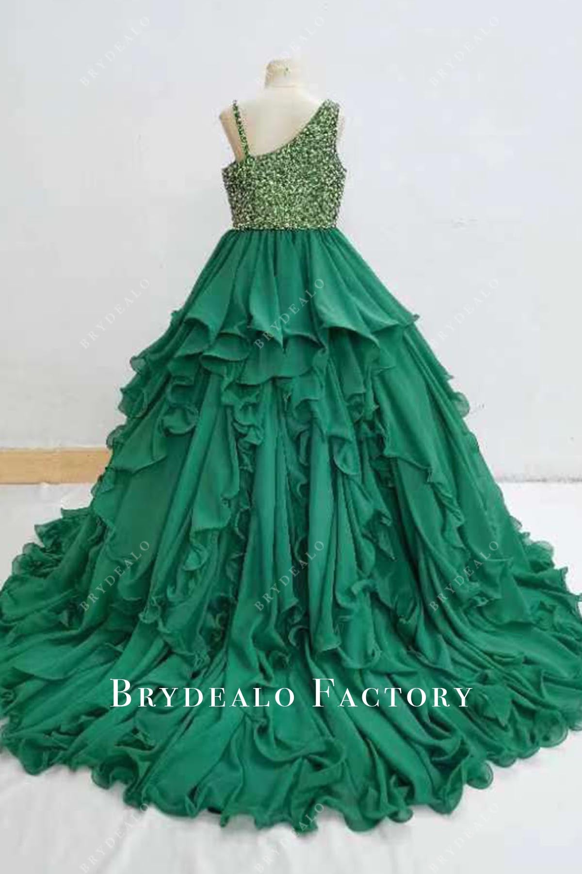 dark green court train pageant dress
