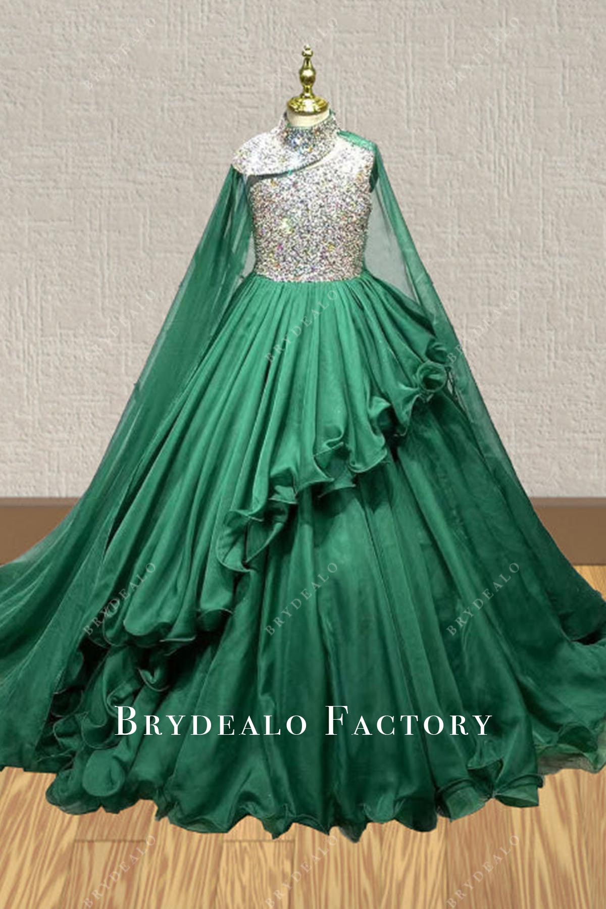 dark green detachable cape pageant dress