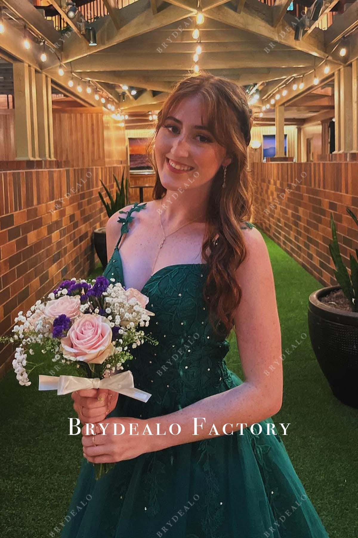 dark green lace appliques sequined homecoming dress