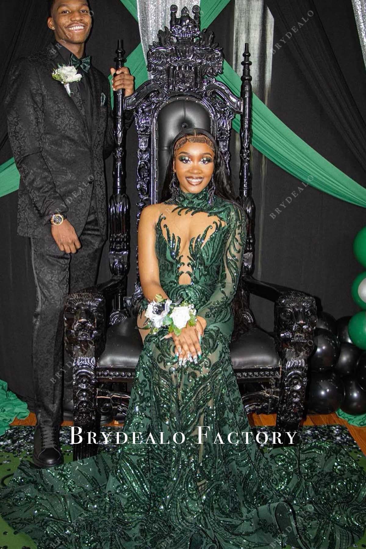 dark green one sleeve sheer prom dress