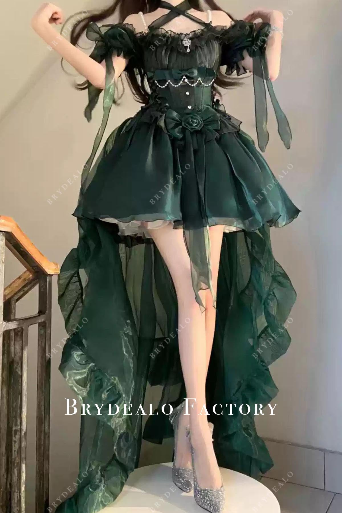 dark green panel train short lolita dress