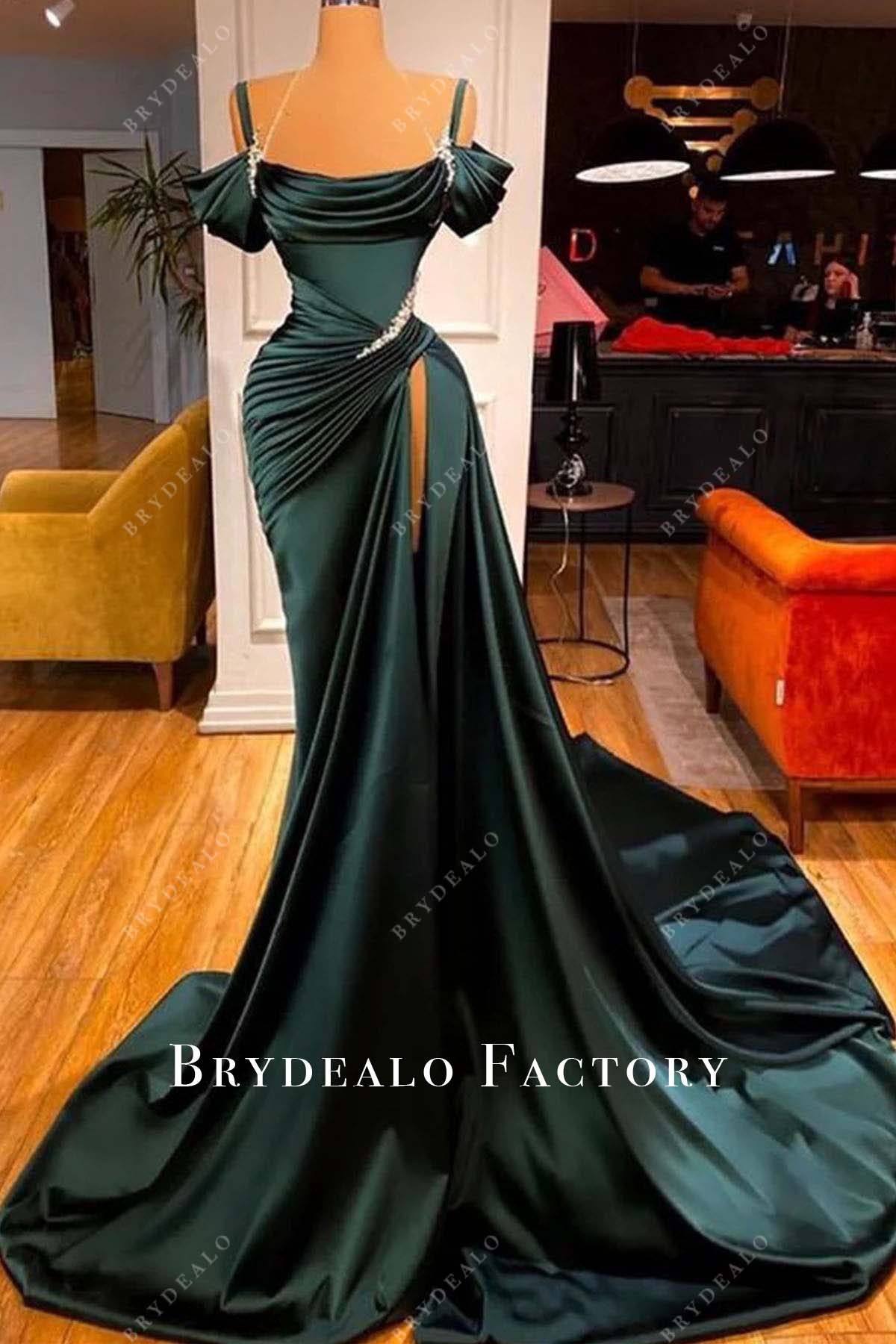 Dark Green Satin Cold Shoulder Slit Long Formal Dress Dark Green Satin Cold Shoulder Slit Long Formal Dress