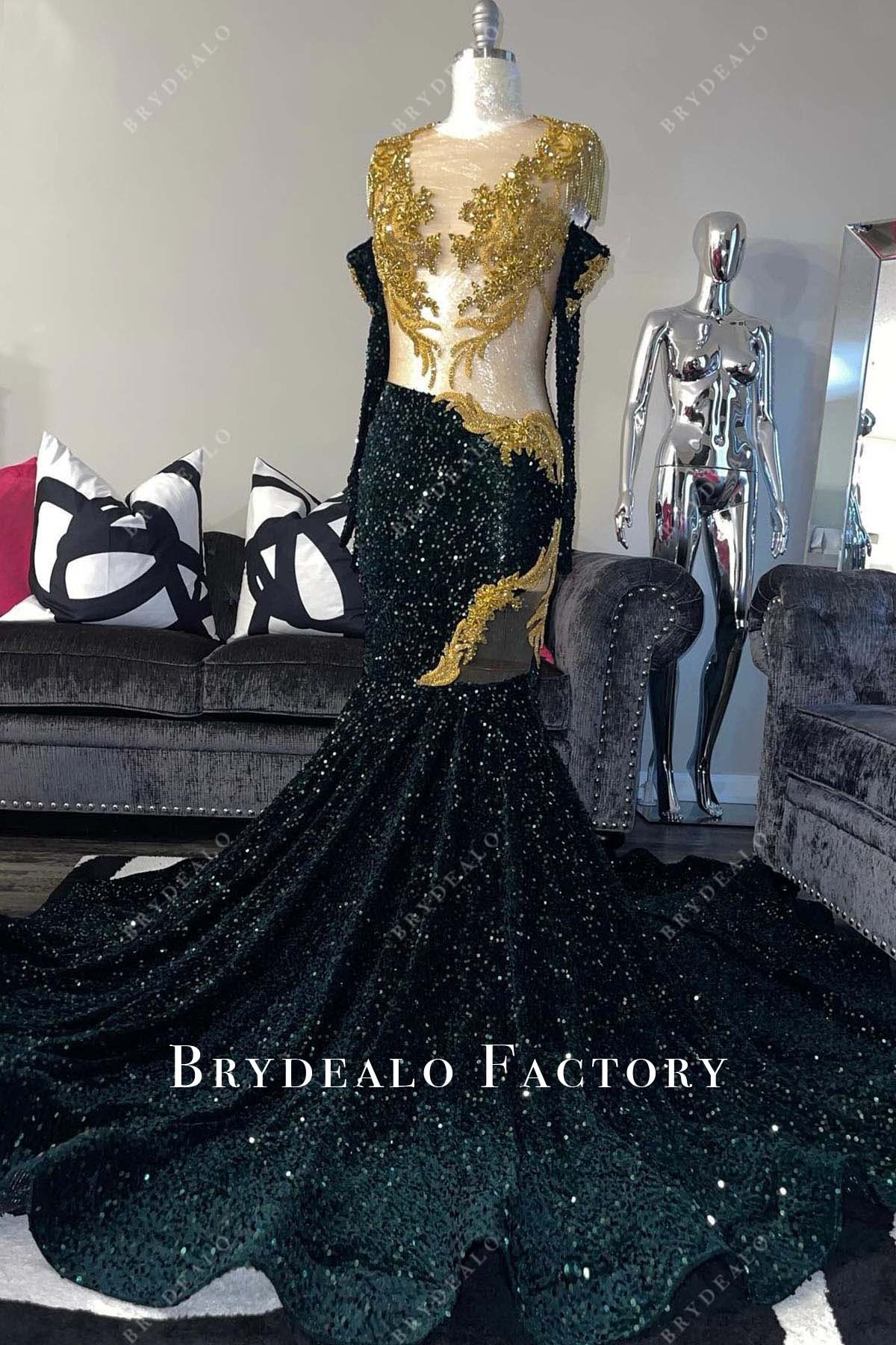 Black Sequin Gold Embellished Detachable Sleeve Trumpet Prom Dress