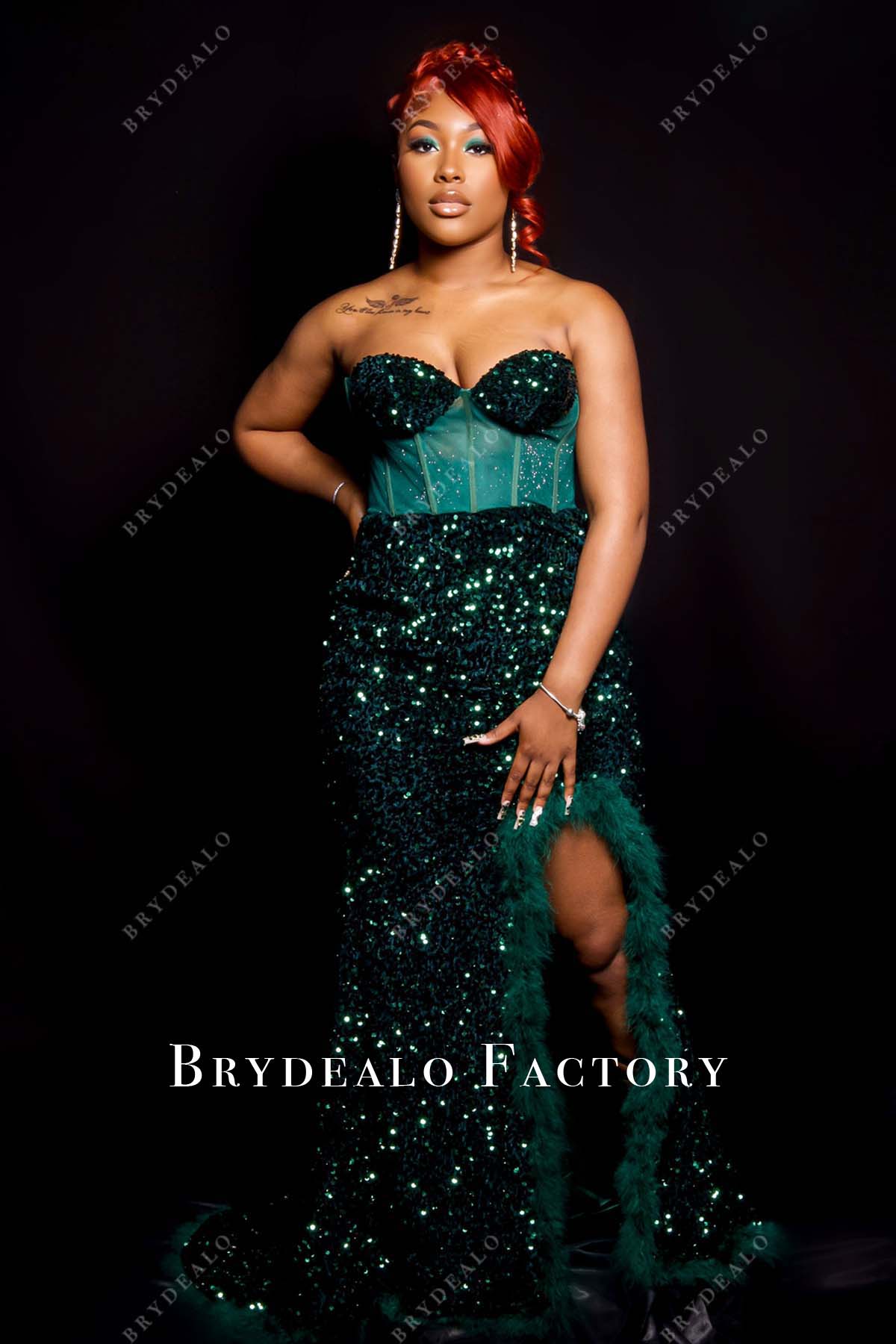 green emerald velvet dress Perrin Emerald Green Feather Dress High Slit Gown main image 0