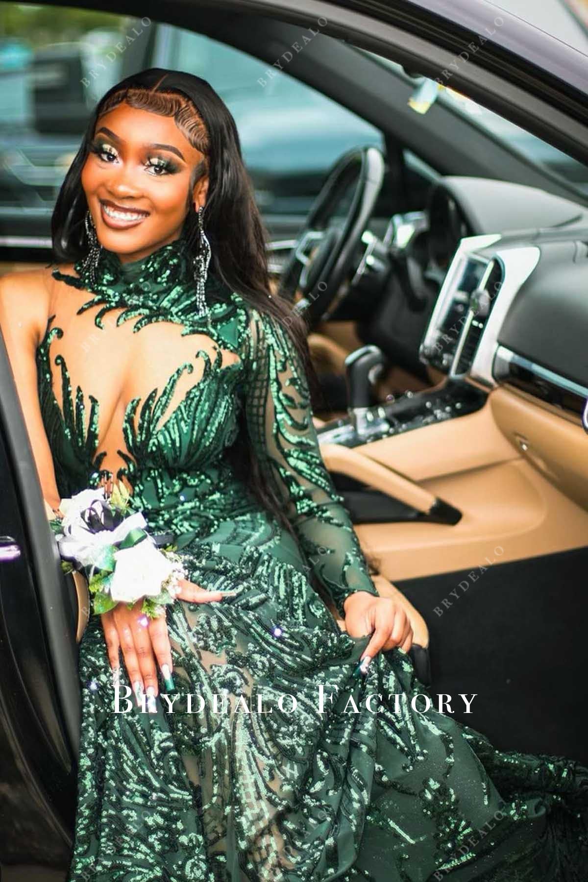 dark green sequined high neck prom dress