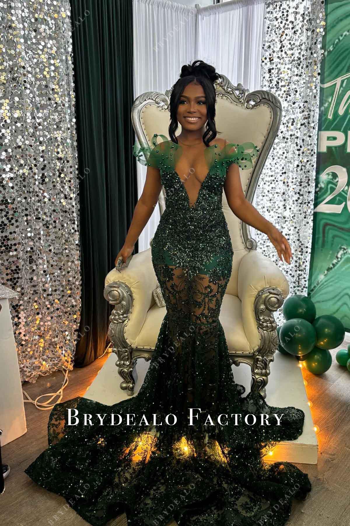 dark green sequined illusion neck trumpet prom dress