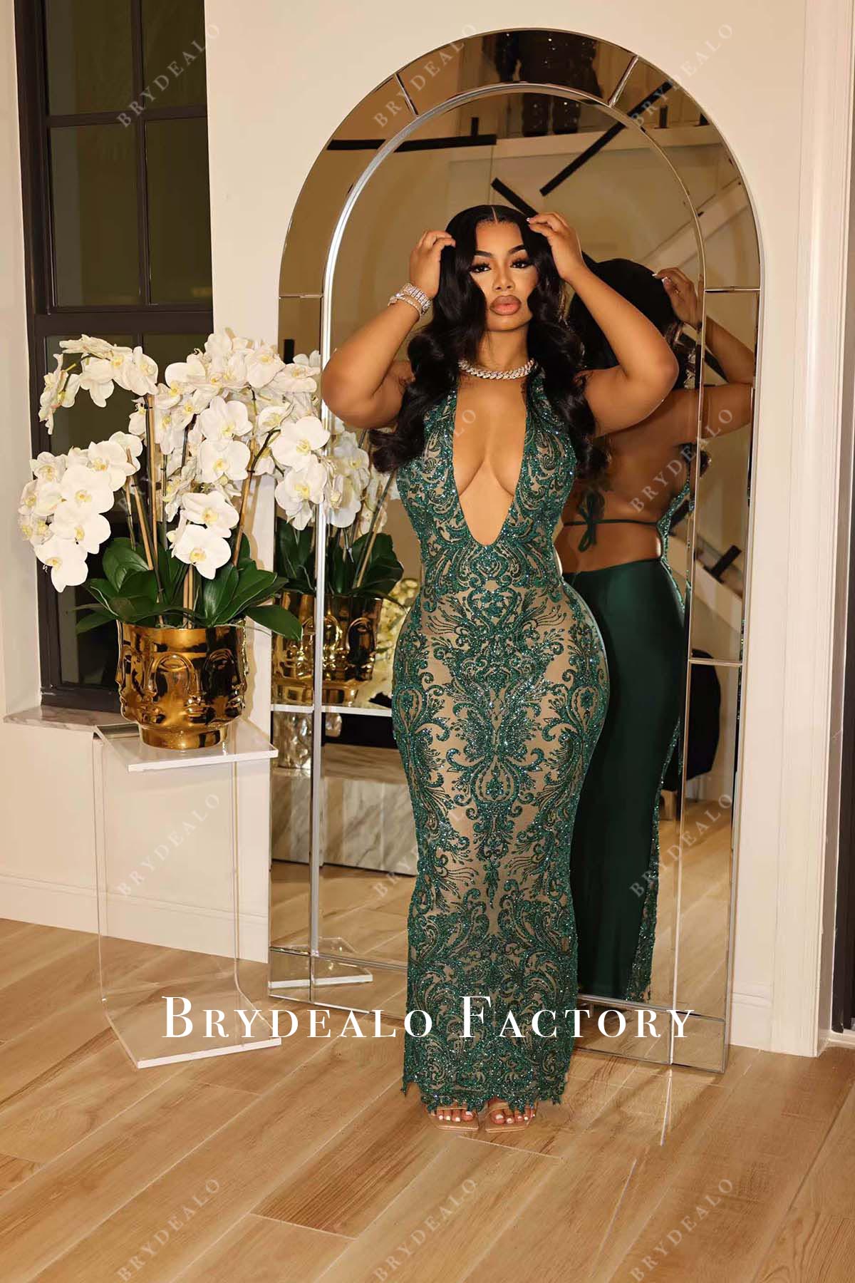 Green Sequined Plunging Neck Floor Length Sheath Prom Dress Green Sequined Plunging Neck Floor Length Sheath Prom Dress