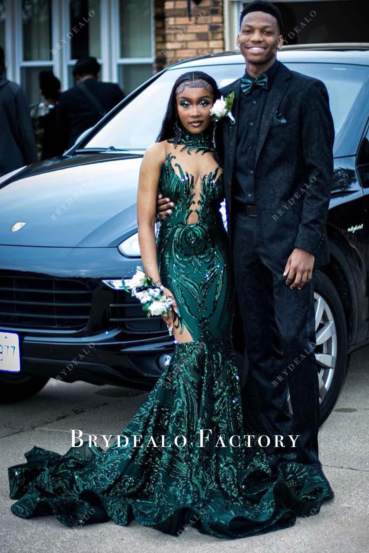 dark green sequined trumpet prom dress
