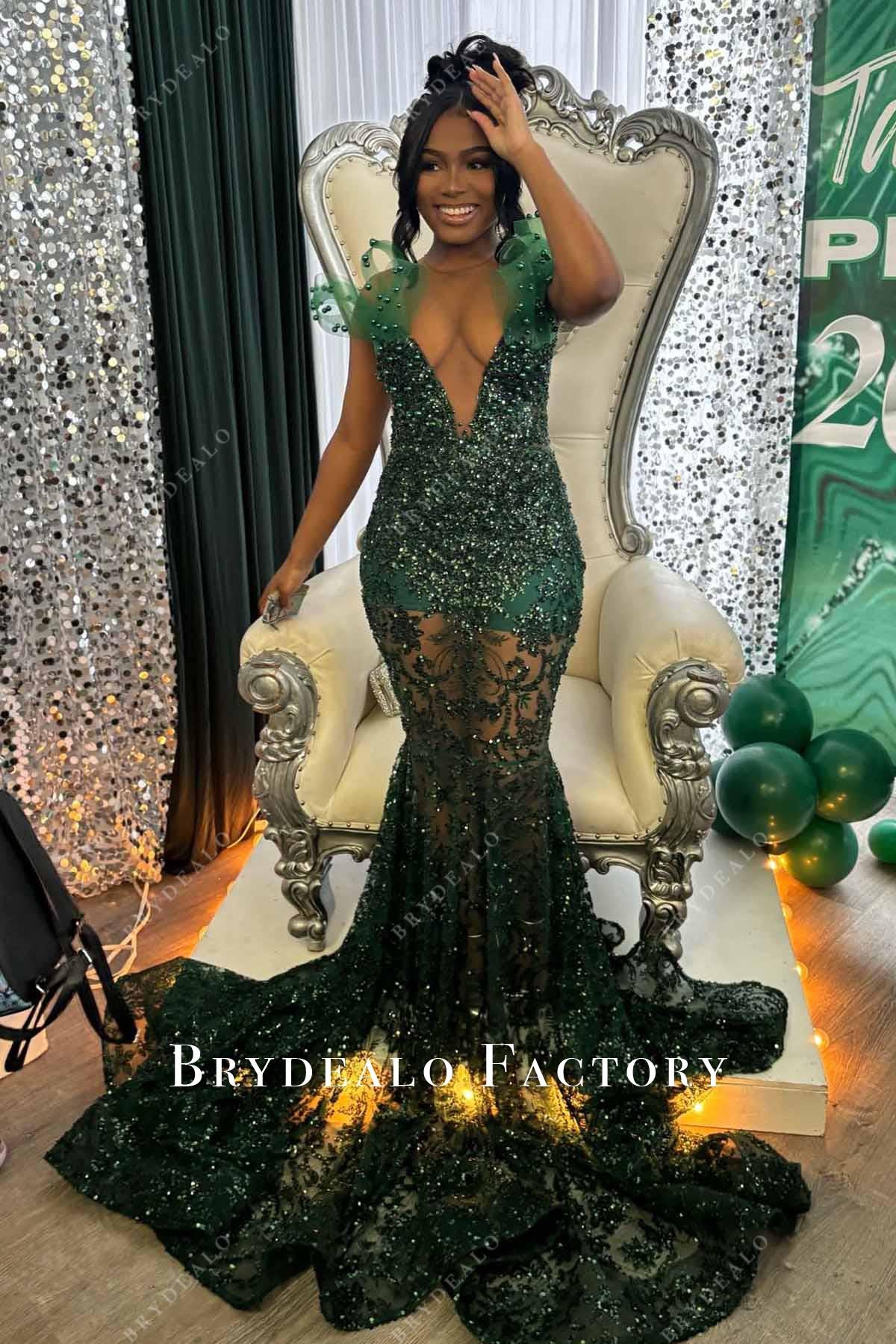 dark green sequined trumpet prom dress