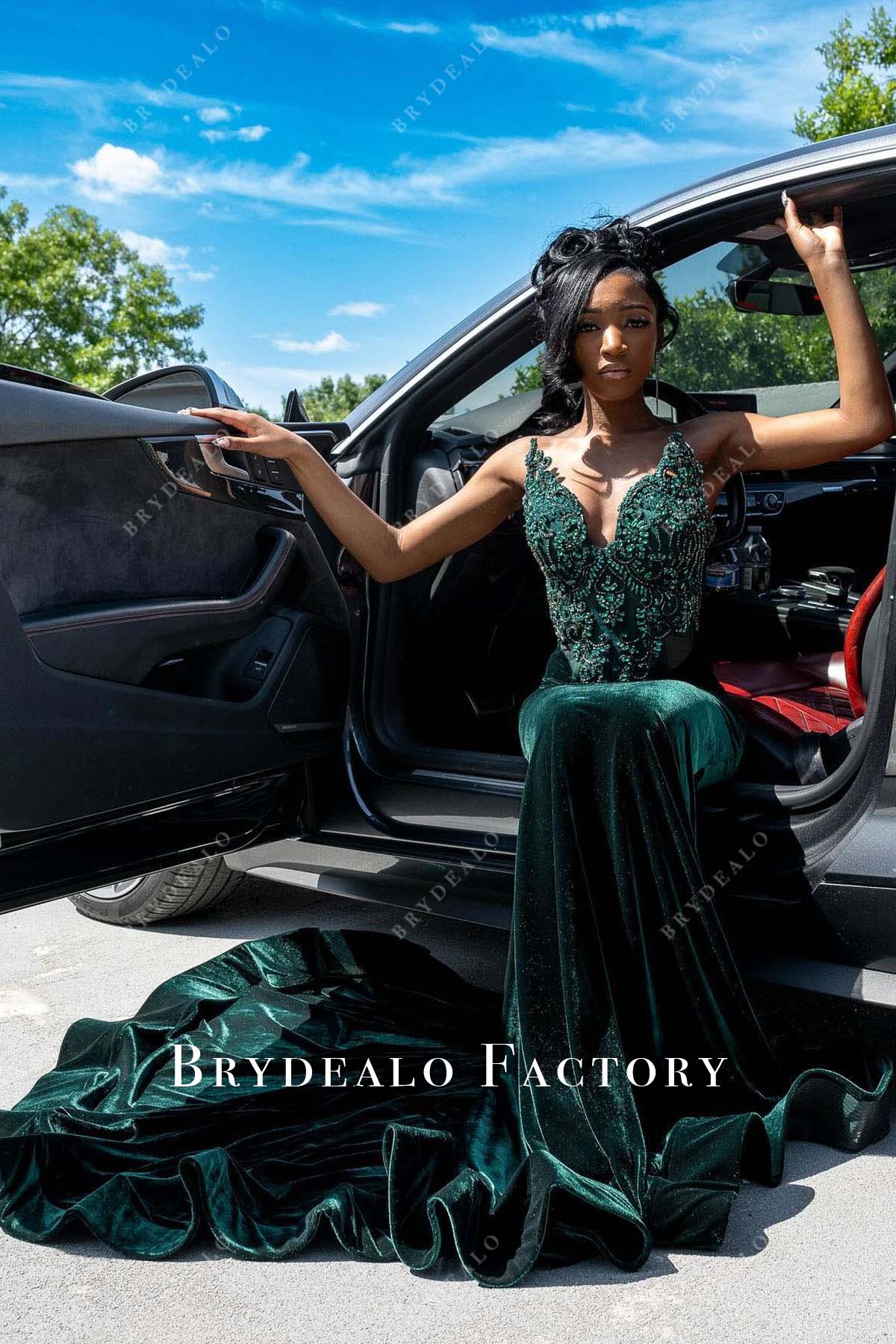 Dark Green Rhinestones Velvet Trumpet Prom Dress Dark Green Rhinestones Velvet Trumpet Prom Dress