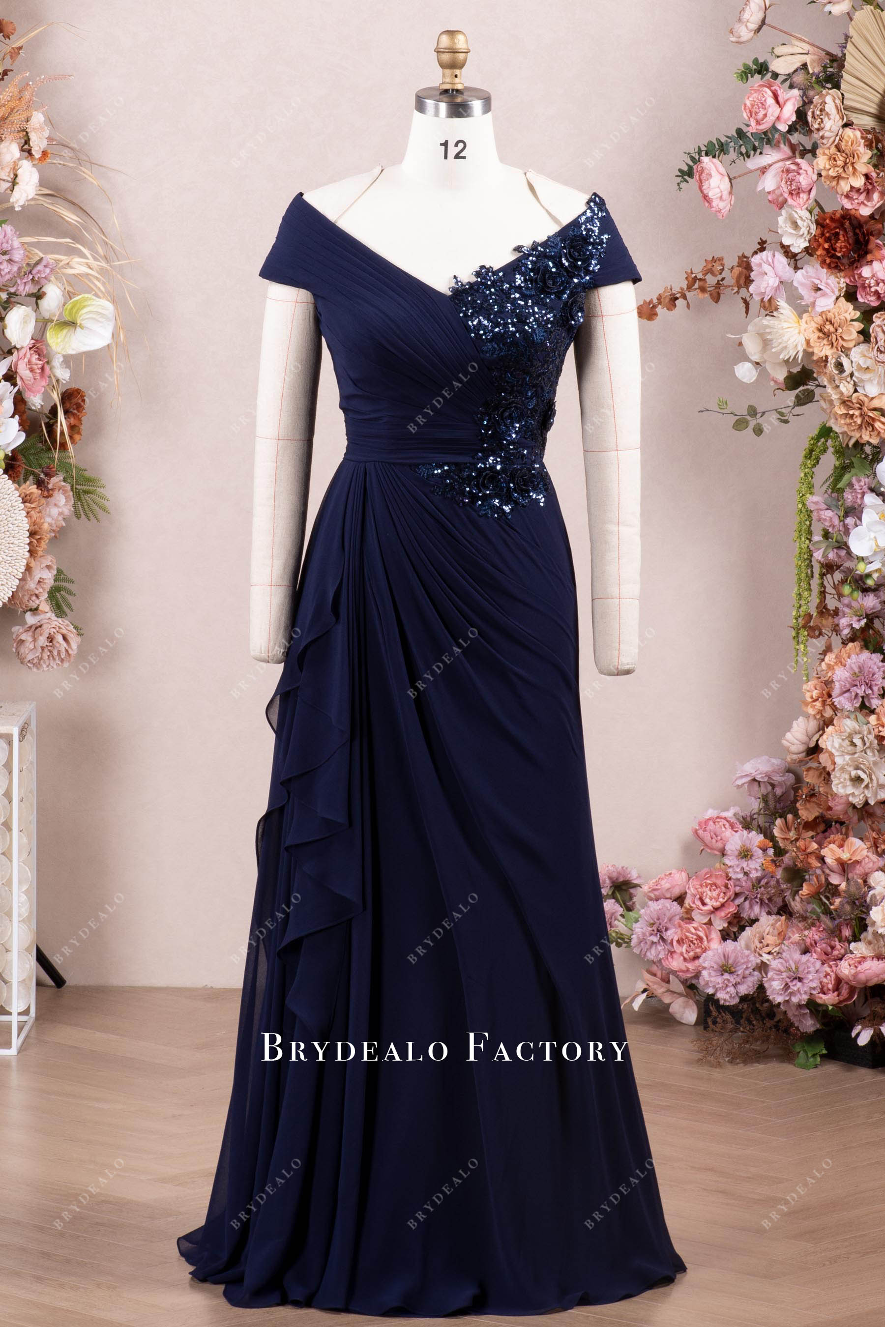 dark navy chiffon mother of bride dress