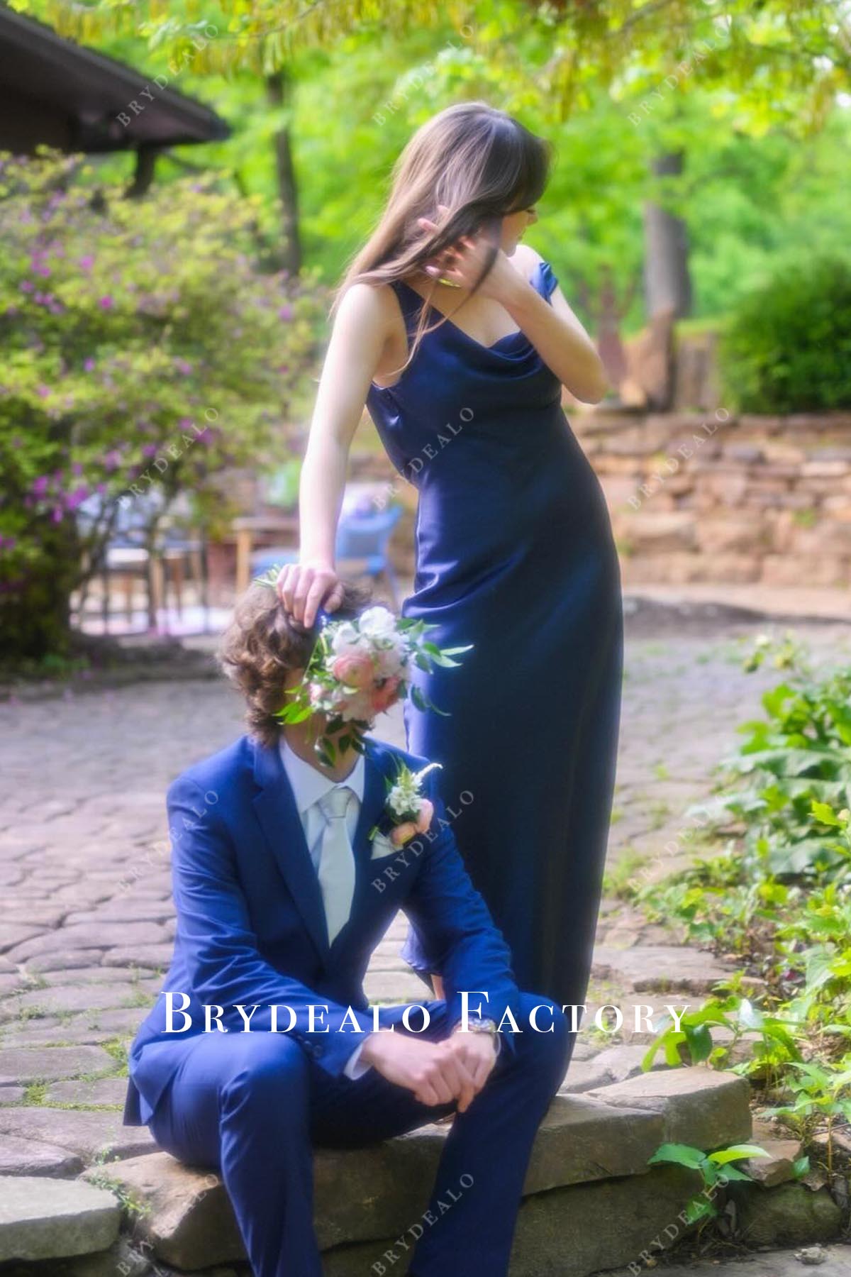 dark navy cowl neck formal dress