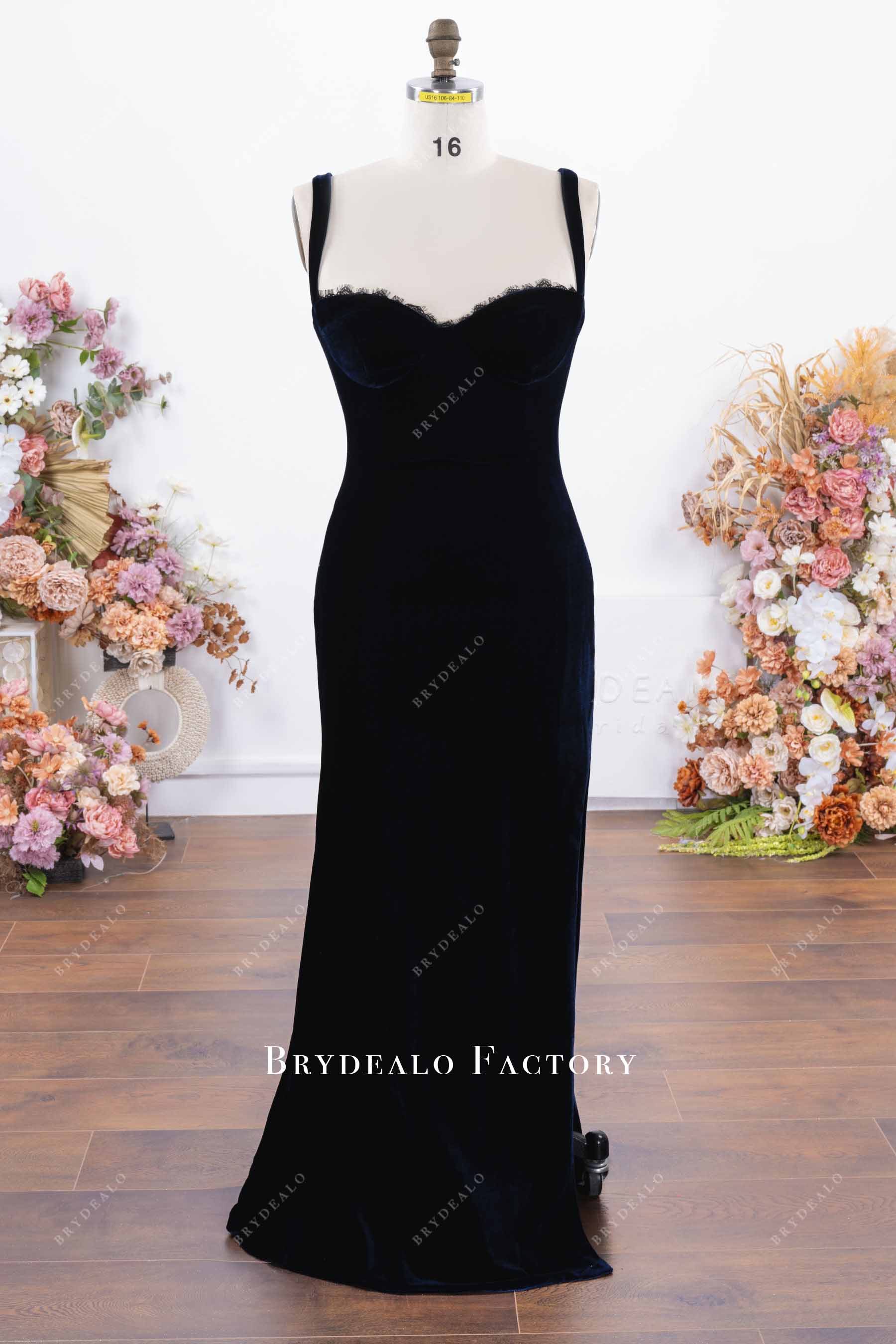 dark navy fit flare prom dress