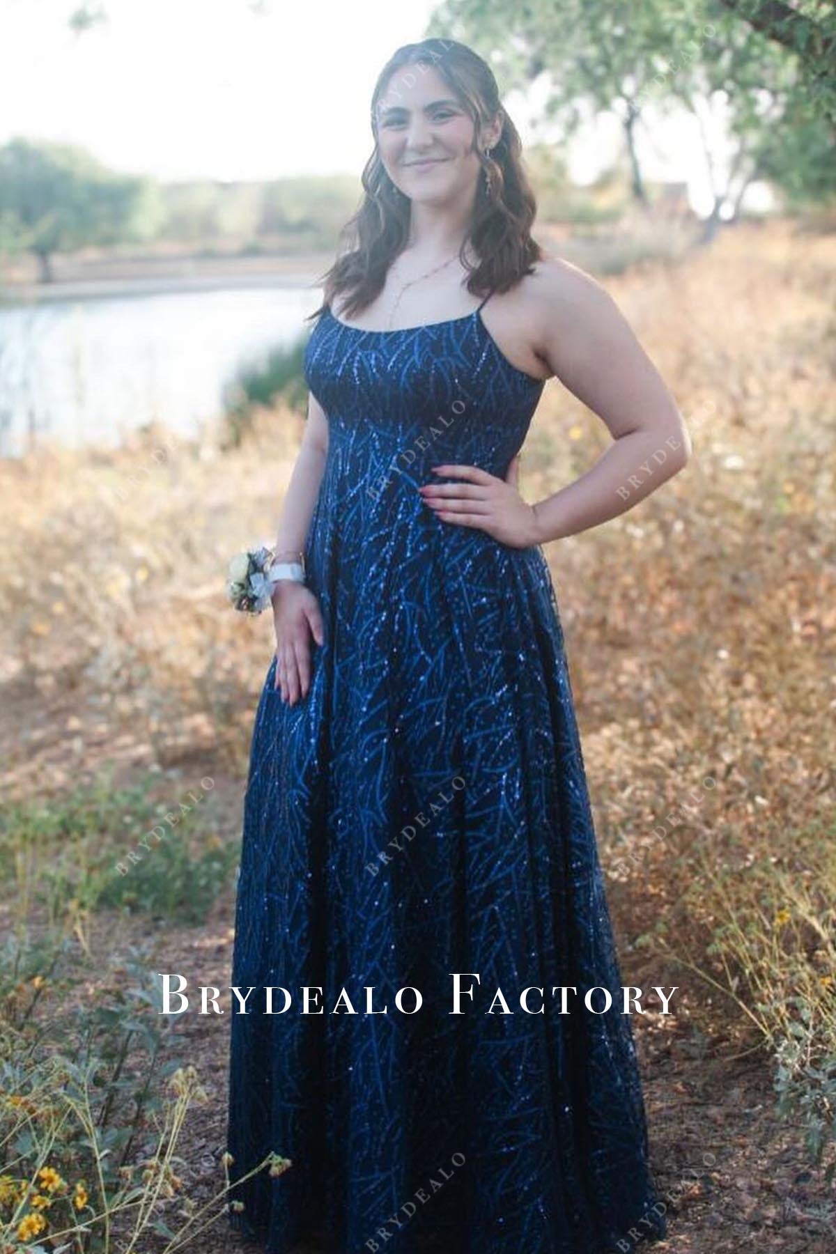 dark navy glitter a line prom dress