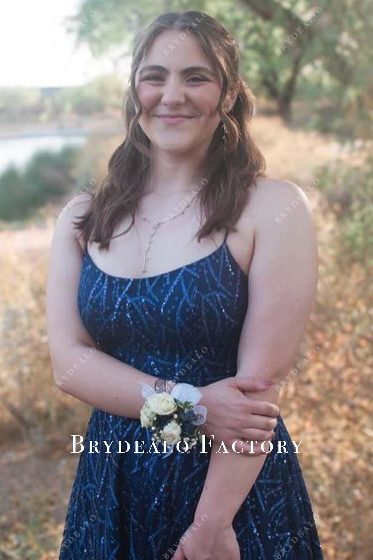 dark navy scoop neck prom dress