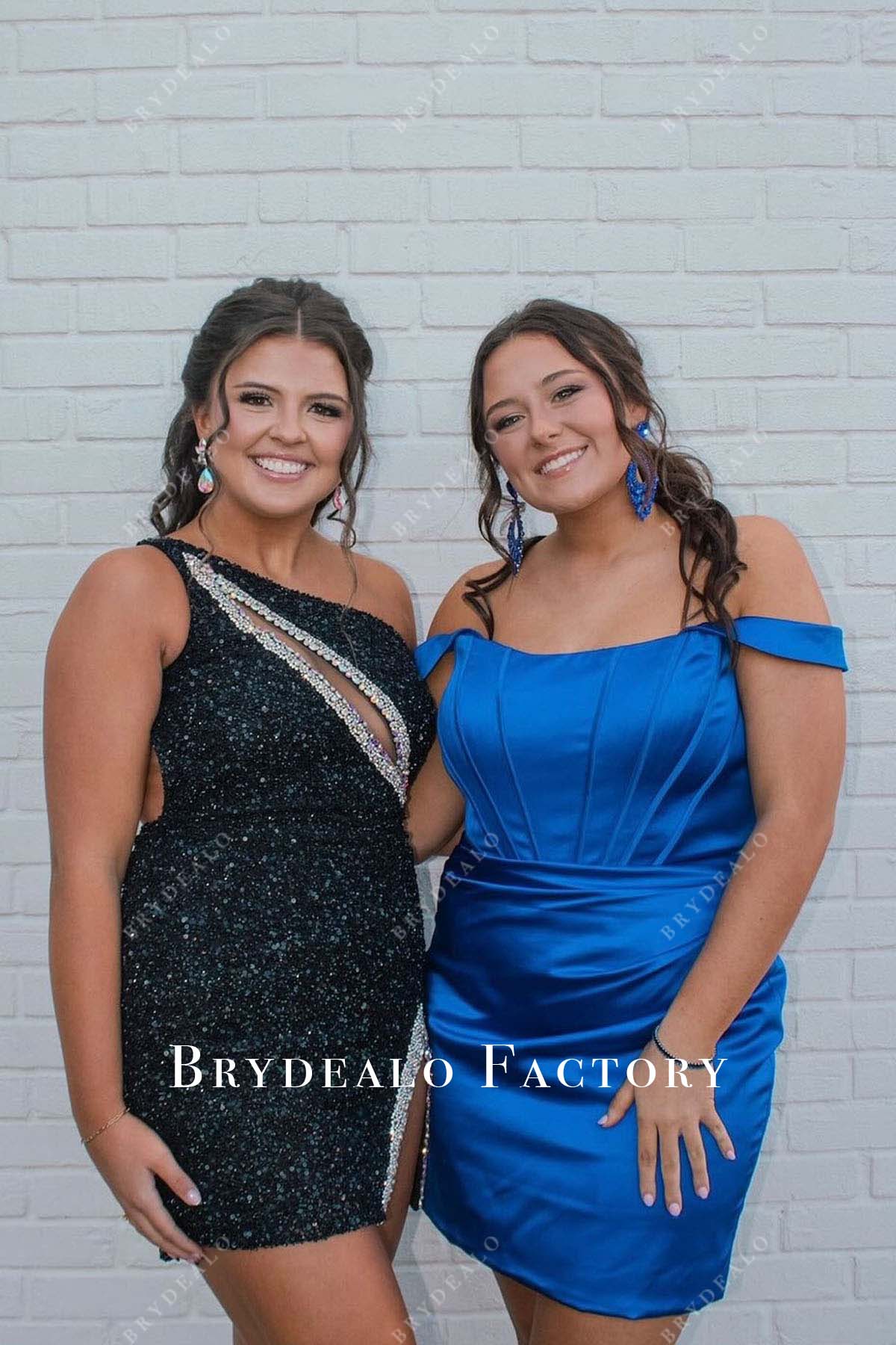 navy one shoulder mini dress Dark Navy Sequined One Shoulder Mini Homecoming Prom Dress
