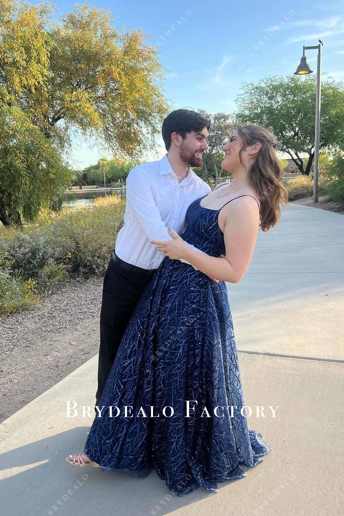 dark navy spaghetti straps prom dress