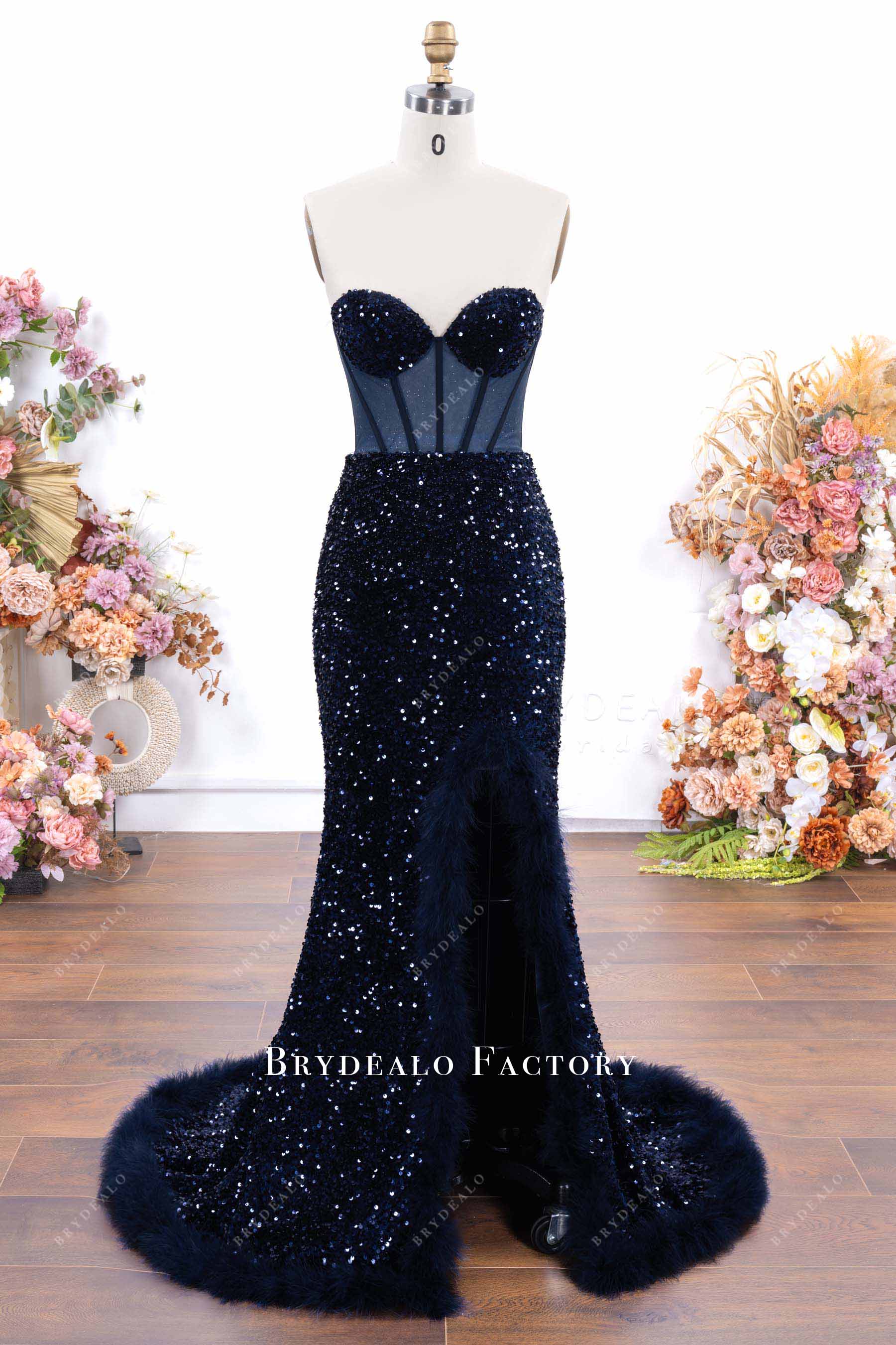 dark navy strapless mermaid prom dress