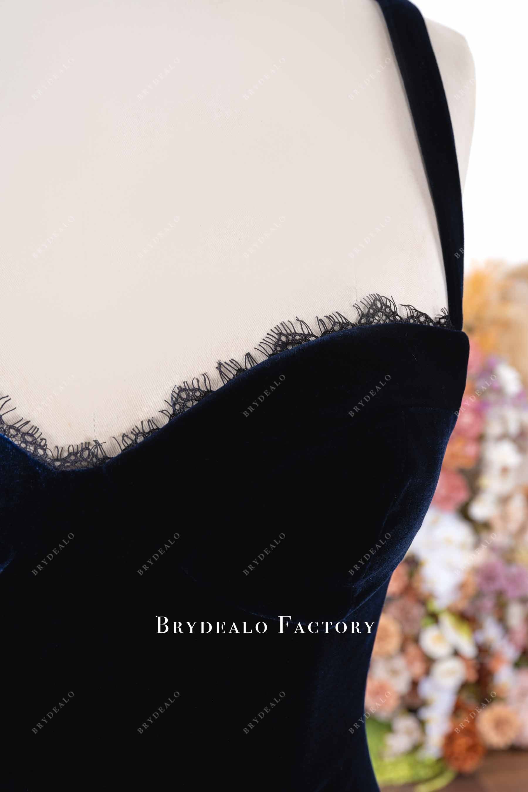 dark navy velvet lace prom dress