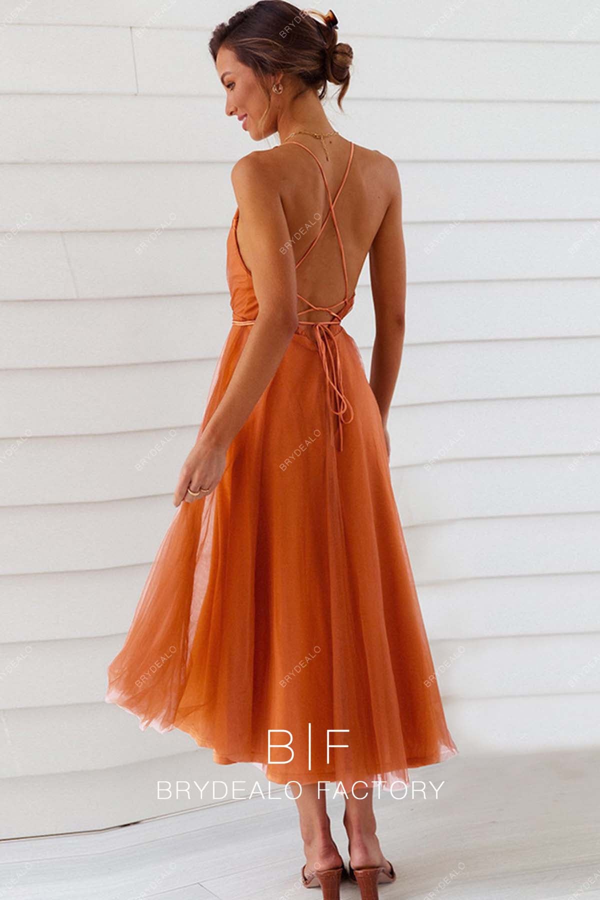 tea length tulle crisscross back orange bridesmaid gown
