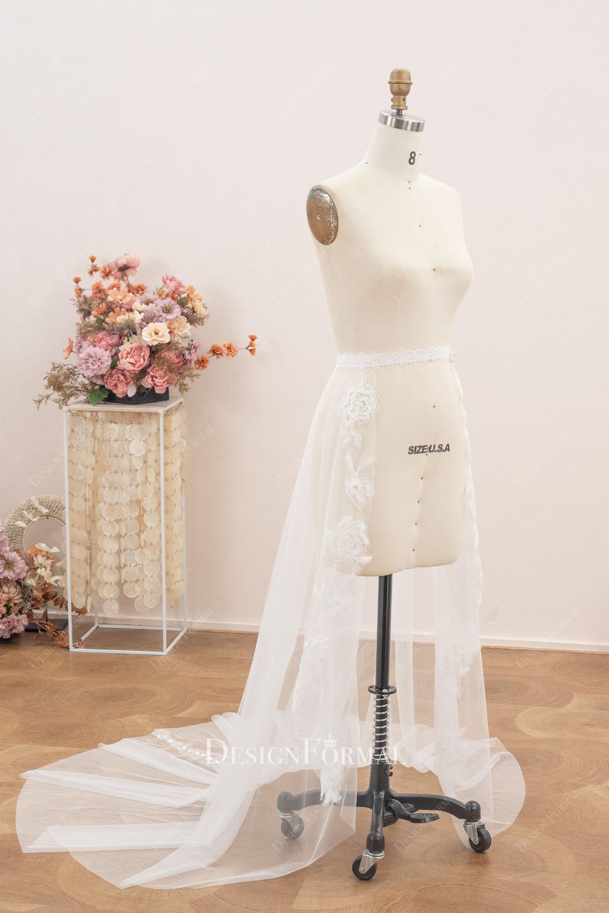 delicate lace applique detachable overskirt