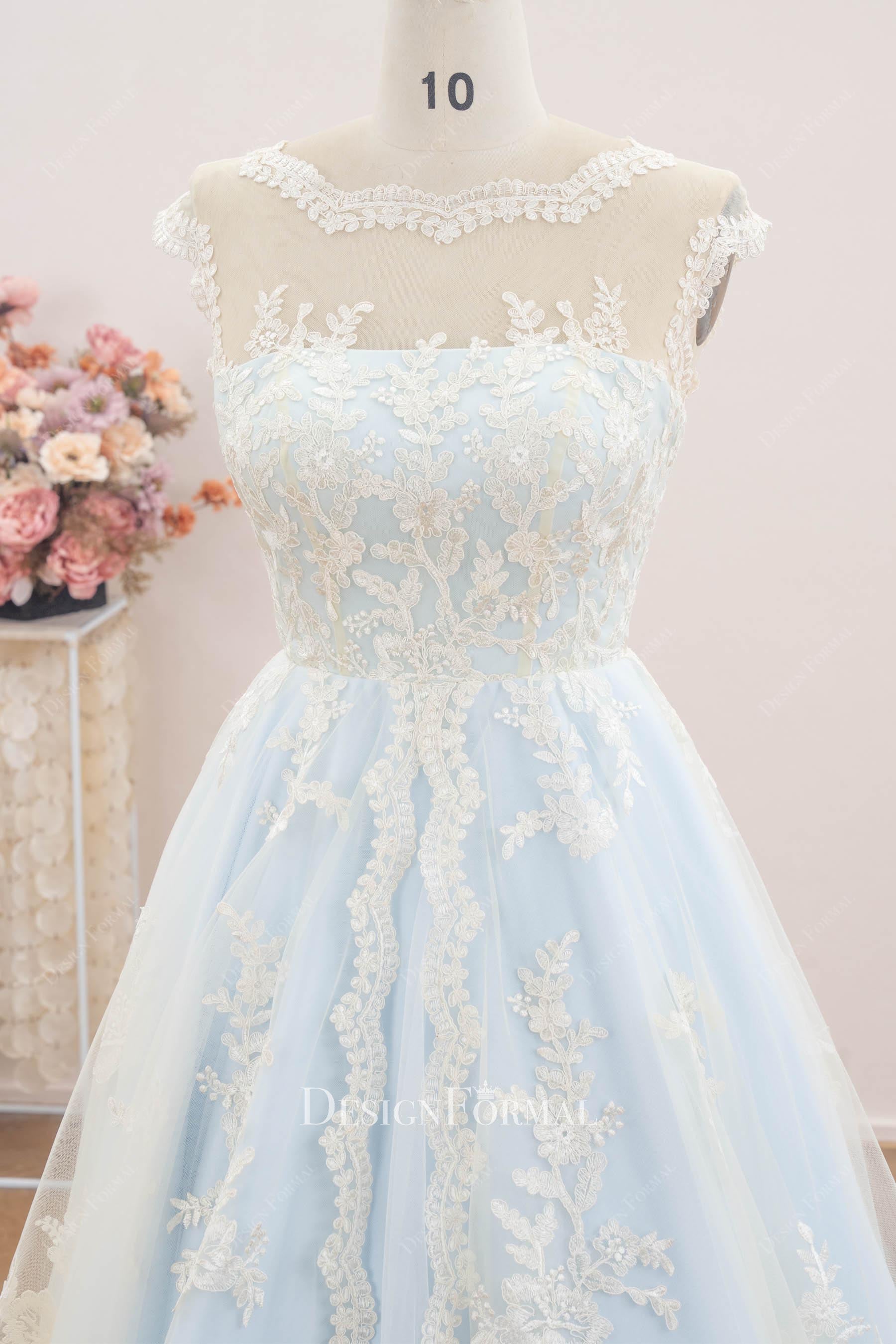 delicate lace blue a line bridal dress